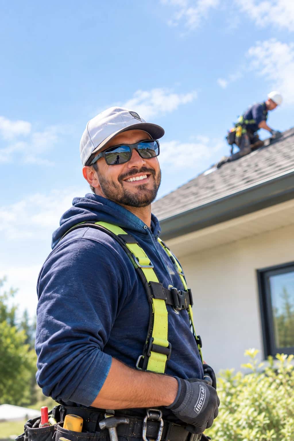 Roofer looking up at a crew working on a shingle roof