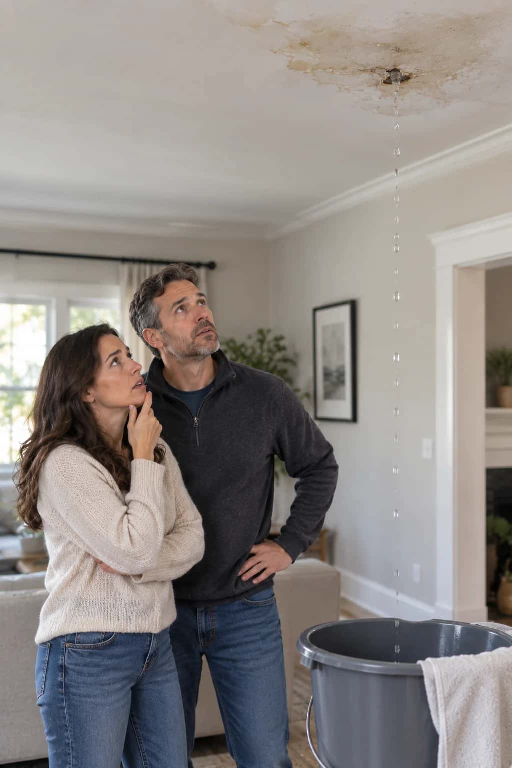 Homeowners looking up at a ceiling leak dripping into a bucket