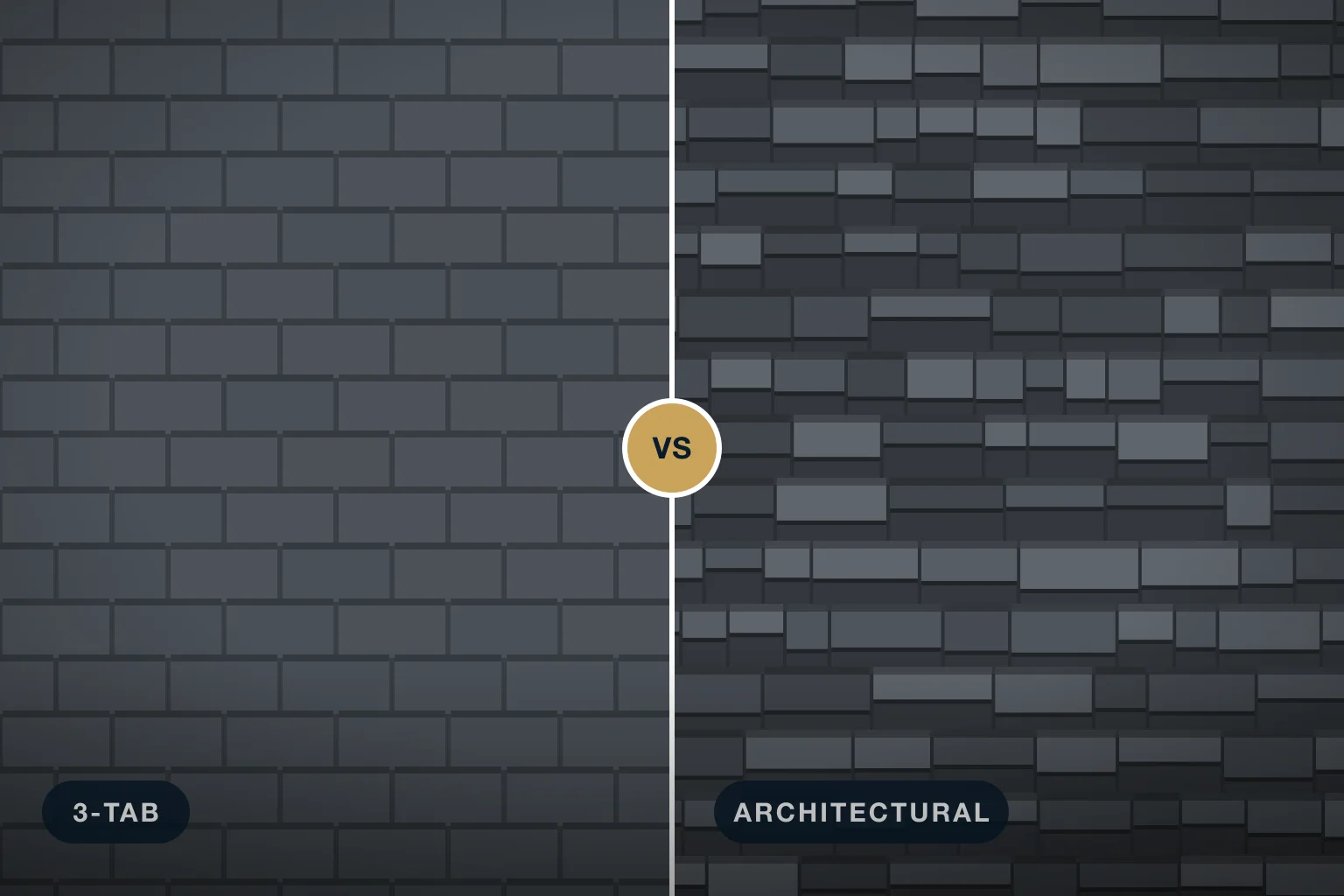Illustration: flat, even 3-tab shingles beside layered, dimensional architectural shingles