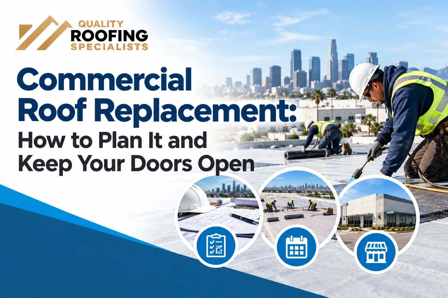 Roofers in hard hats and safety vests laying new roofing across a white flat commercial roof with the downtown Los Angeles skyline behind them, with close-ups of roof plans and a hard hat, a crew working across the roof and a commercial building, under the title Commercial Roof Replacement: How to Plan It and Keep Your Doors Open