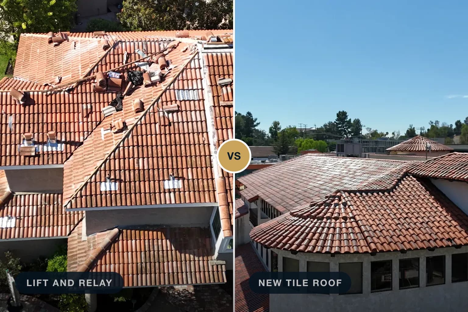 Side by side: clay tiles stacked on a roof during a tile lift and relay, and a finished clay tile roof seen from above