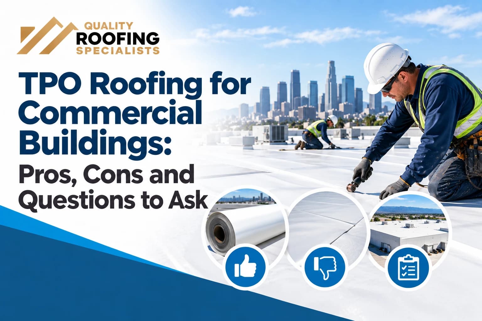 A roofer in a hard hat and safety vest working along a seam on a white TPO roof with a second roofer and the downtown Los Angeles skyline behind, with close-ups of a roll of white membrane, a welded seam and a white warehouse roof, and thumbs up, thumbs down and checklist icons, under the title TPO Roofing for Commercial Buildings: Pros, Cons and Questions to Ask