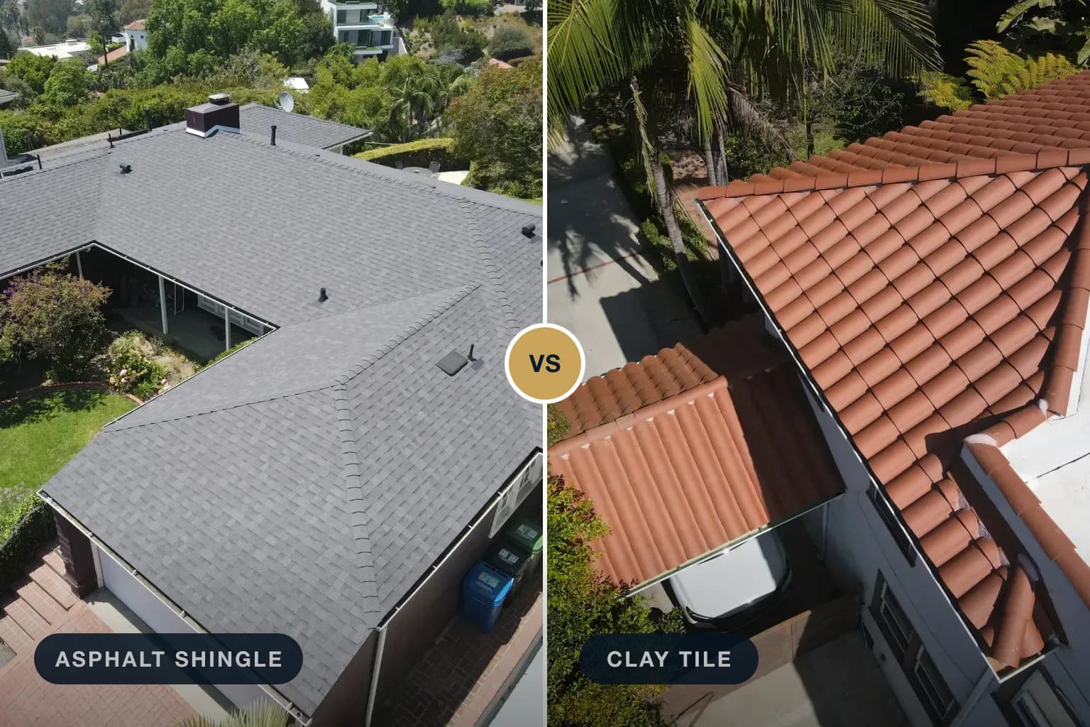 Side by side: a gray asphalt shingle roof in Granada Hills and a new clay tile roof in Mid-Wilshire, both QRS projects