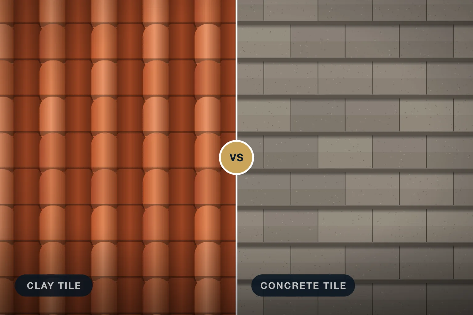 Illustration: orange clay barrel tiles beside gray flat concrete roof tiles