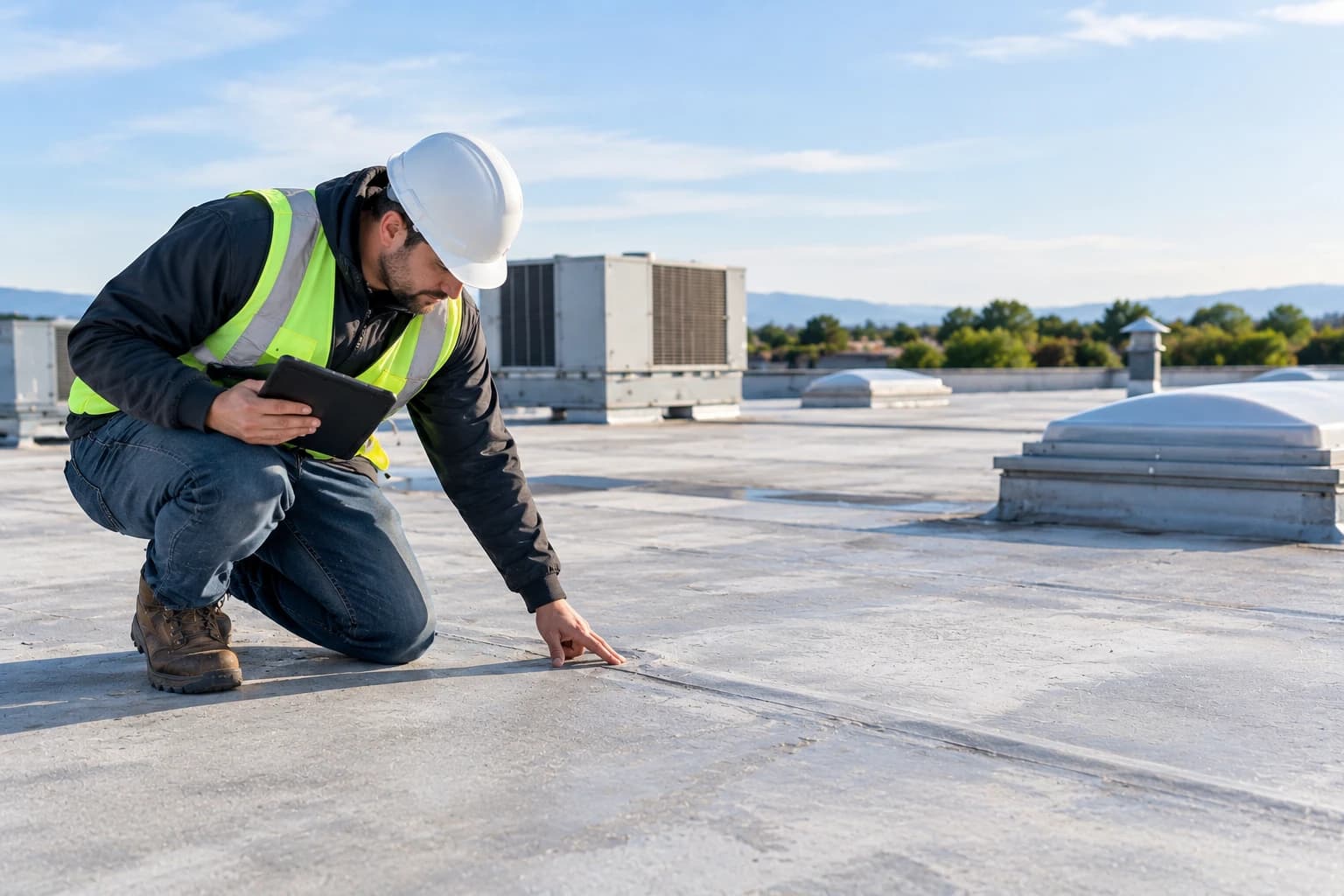 A roofer in a hard hat and safety vest kneeling on a flat commercial roof with a tablet, pointing at a seam, with rooftop air conditioning units and skylights behind
