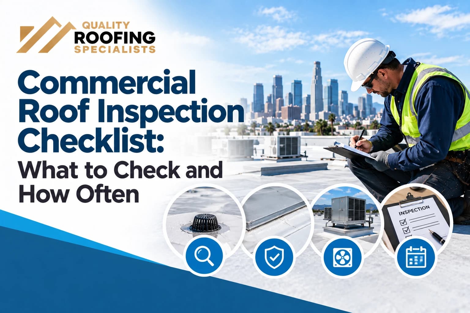 A roofer in a hard hat and safety vest writing on an inspection clipboard on a white commercial roof with rooftop air conditioning units and the downtown Los Angeles skyline behind, with close-ups of a roof drain, flashing, a rooftop unit and an inspection checklist, under the title Commercial Roof Inspection Checklist: What to Check and How Often