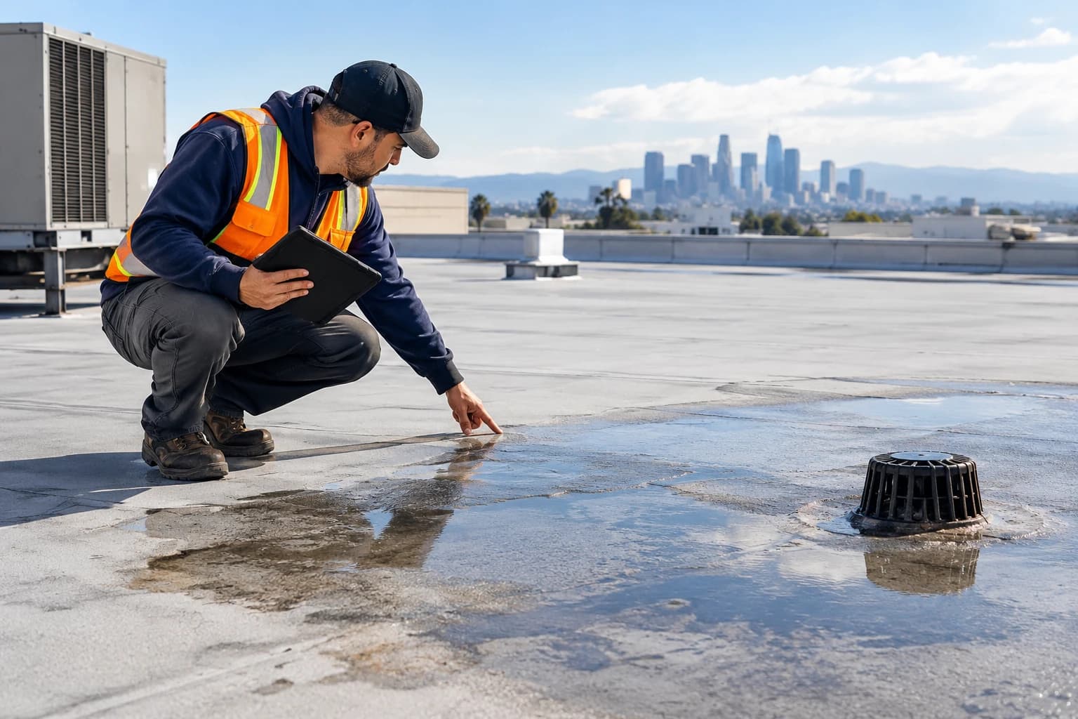 A roofer in a navy cap and orange safety vest kneeling on a flat commercial roof and pointing at standing water near a roof drain, with a rooftop air conditioning unit and the downtown Los Angeles skyline behind