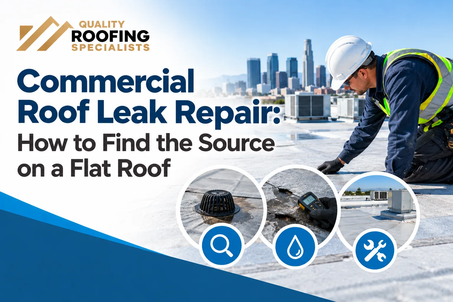 A roofer in a hard hat and safety vest kneeling on a white flat commercial roof to check the surface, with the downtown Los Angeles skyline and rooftop air conditioning units behind, and close-ups of a roof drain, a moisture meter on a cracked seam and rooftop equipment, under the title Commercial Roof Leak Repair: How to Find the Source on a Flat Roof