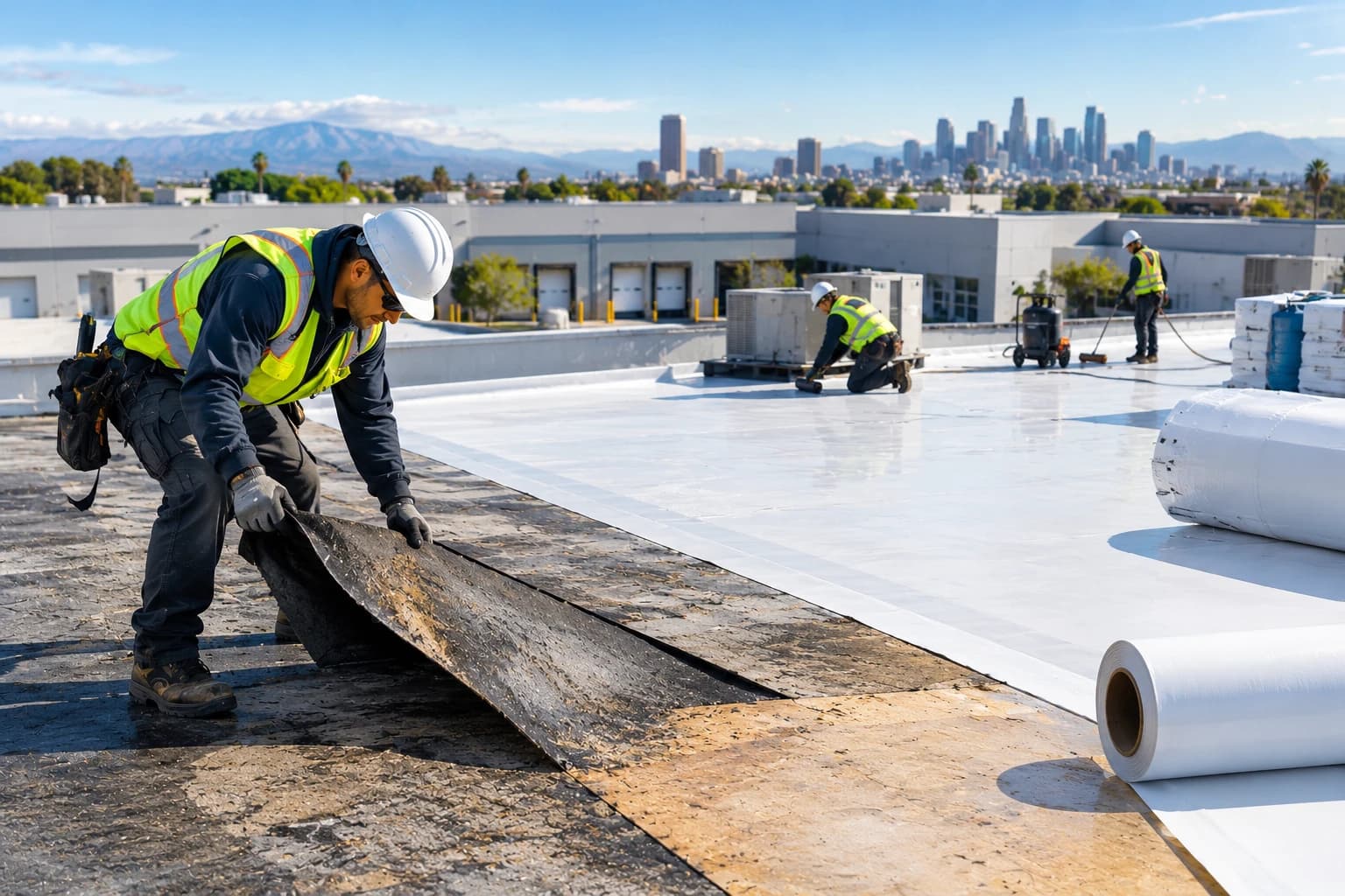 Roofers in hard hats and safety vests peeling back old roofing and rolling out a white membrane on a large flat commercial roof, with loading docks and the downtown Los Angeles skyline behind
