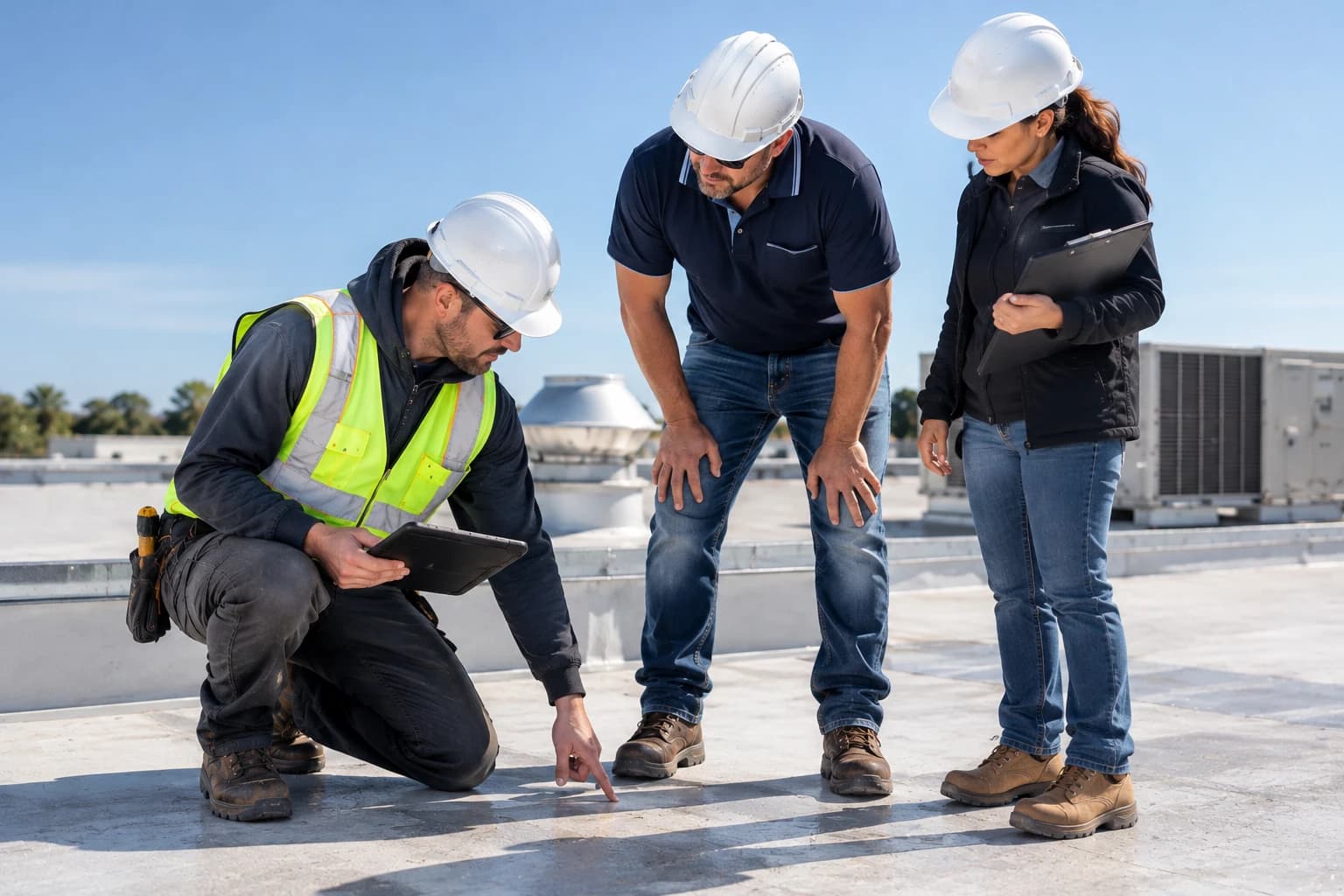 Three people in hard hats on a flat commercial roof, a roofer kneeling with a tablet and pointing at the surface while a man and a woman with a clipboard look on, with rooftop equipment behind
