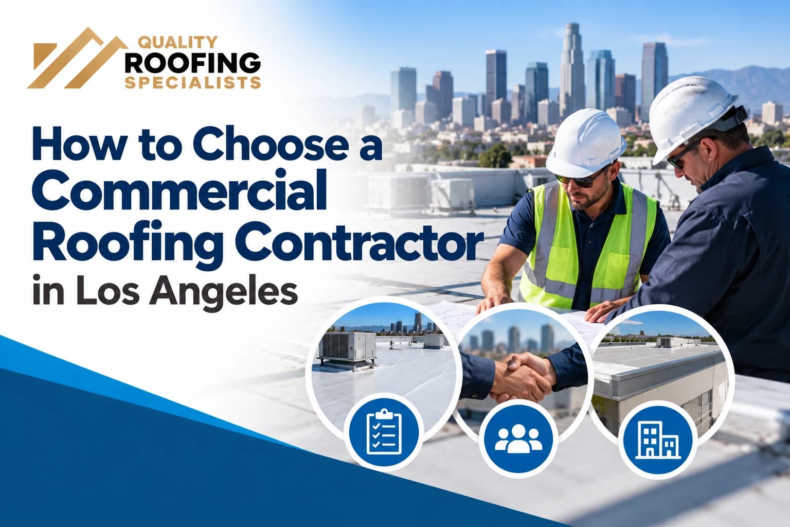 Two roofers in hard hats reviewing plans on a white commercial flat roof with the downtown Los Angeles skyline behind them, with close-ups of rooftop equipment, a handshake and a commercial building, under the title How to Choose a Commercial Roofing Contractor in Los Angeles
