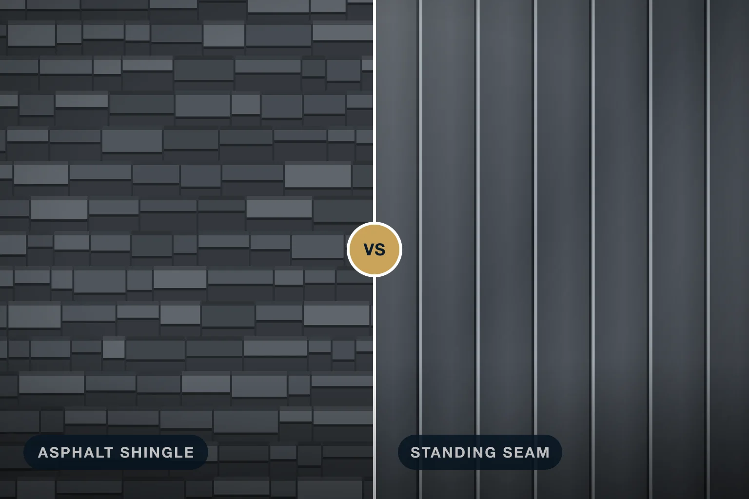 Illustration: dark asphalt shingles beside a dark standing seam metal roof with raised seams