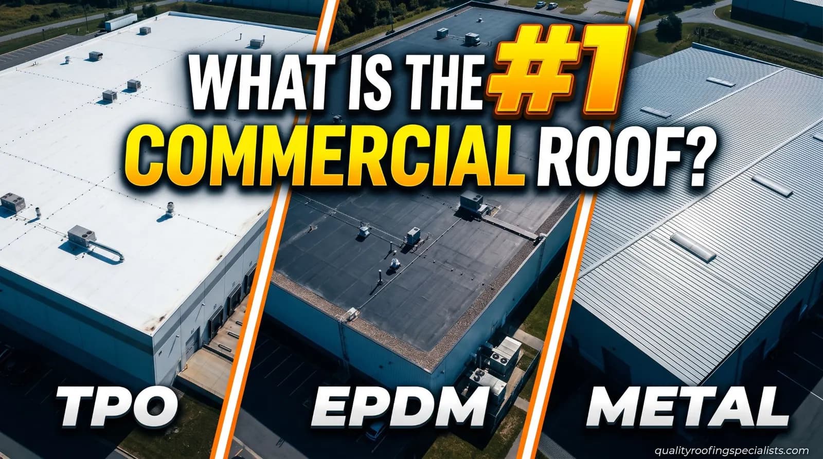 Aerial views of three large commercial buildings side by side: a white TPO roof, a black EPDM roof and a ribbed metal roof, under the question "What is the #1 commercial roof?"