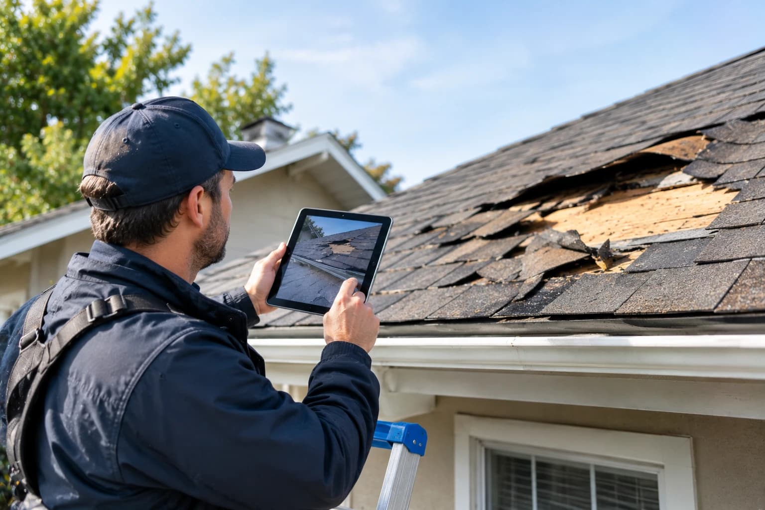 A roofer in a navy cap on a ladder photographing storm-damaged shingles and exposed roof decking with a tablet, to document the damage