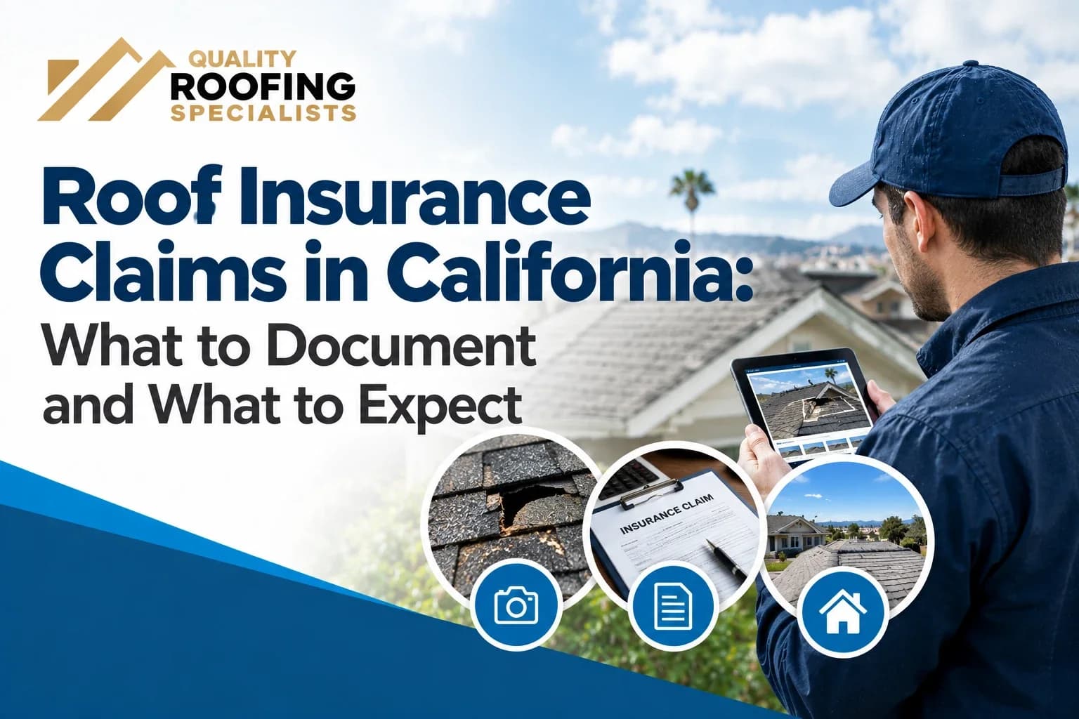 A roofer holding a tablet with photos of roof damage in front of a home, with close-ups of a damaged shingle, an insurance claim form and a house, under the title Roof Insurance Claims in California: What to Document and What to Expect