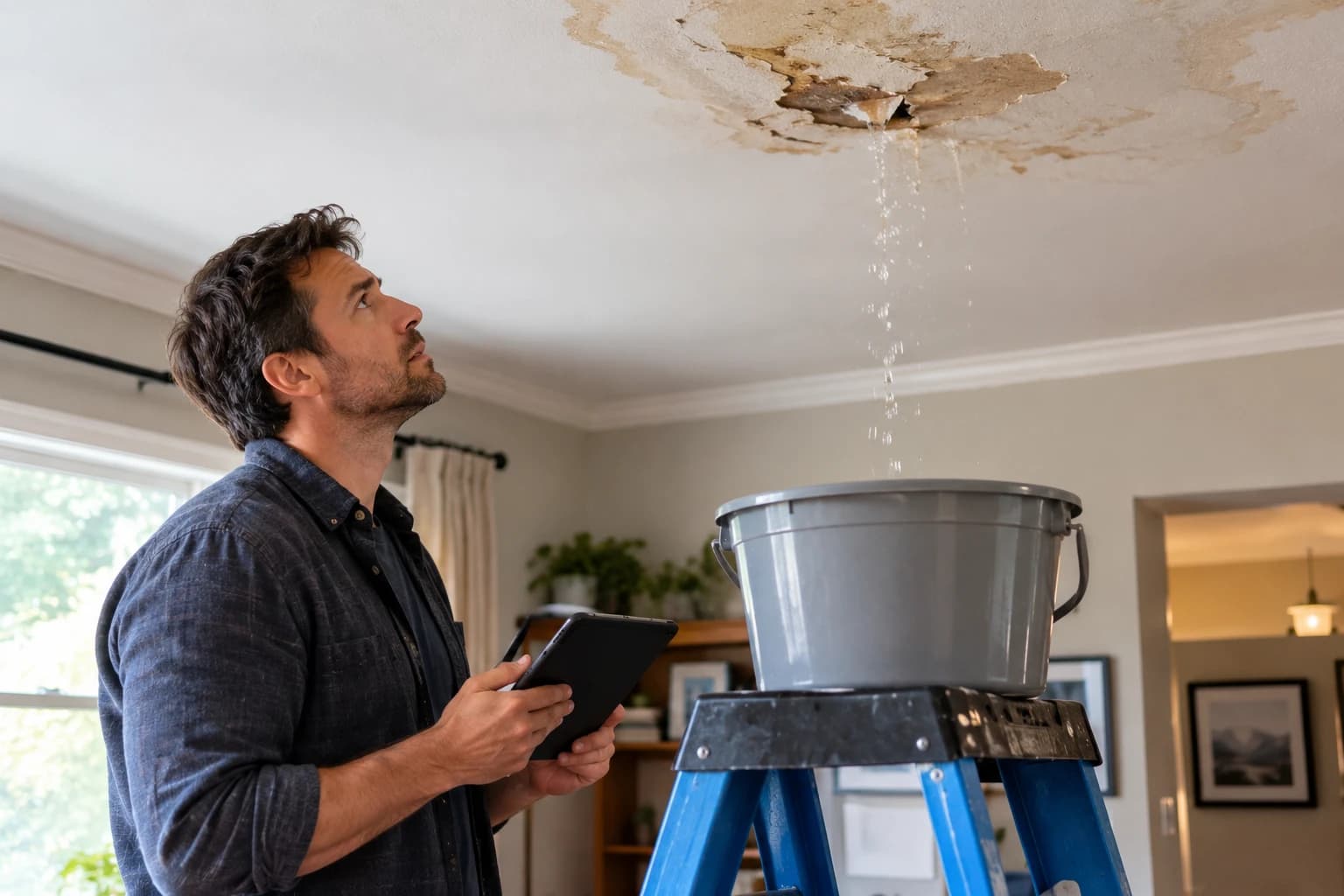 A homeowner holding a tablet and looking up at a stained ceiling where water drips into a bucket set on a stepladder
