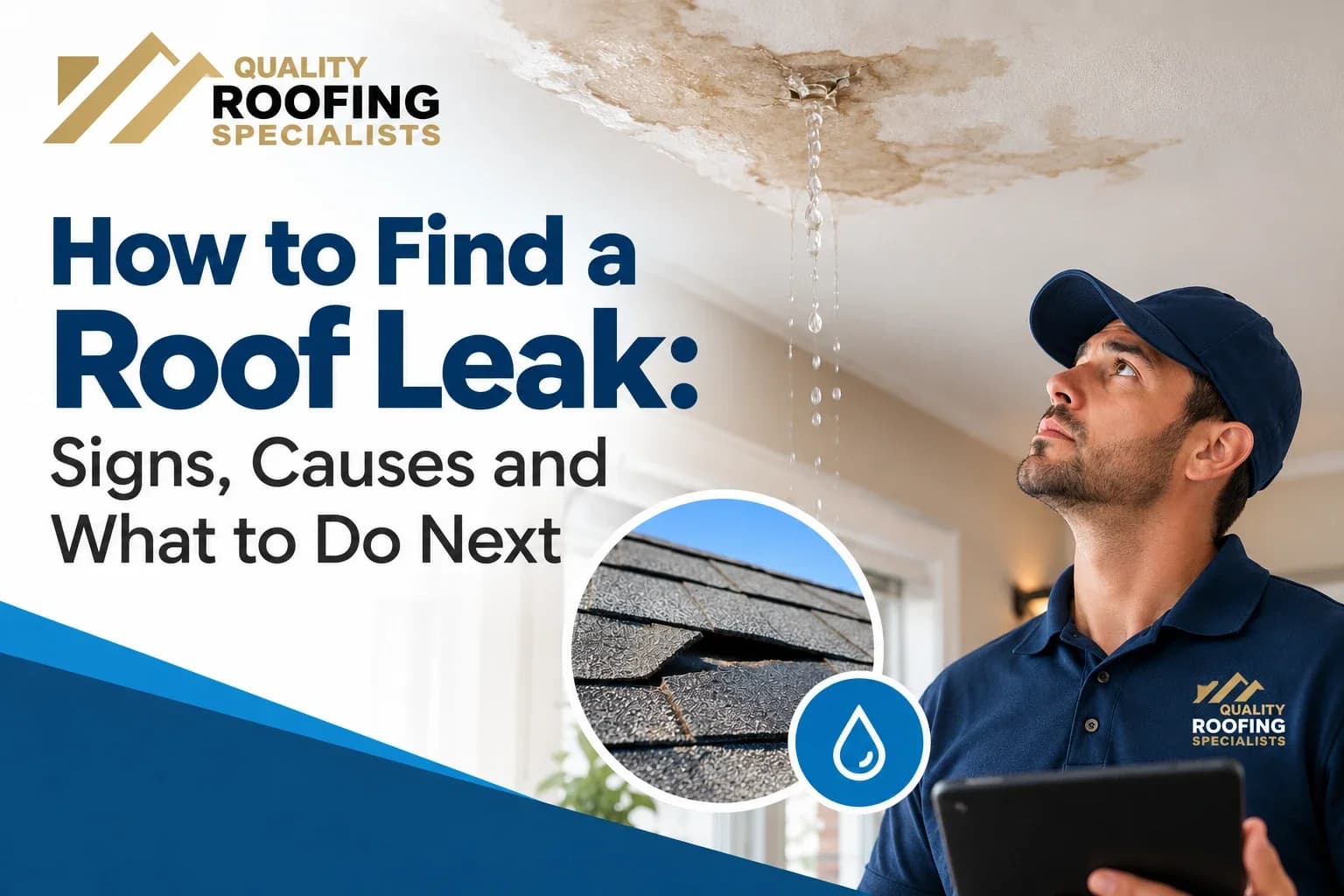 A roofer looking up at a water-stained, dripping ceiling, with a close-up of a damaged shingle, under the title How to Find a Roof Leak: Signs, Causes and What to Do Next
