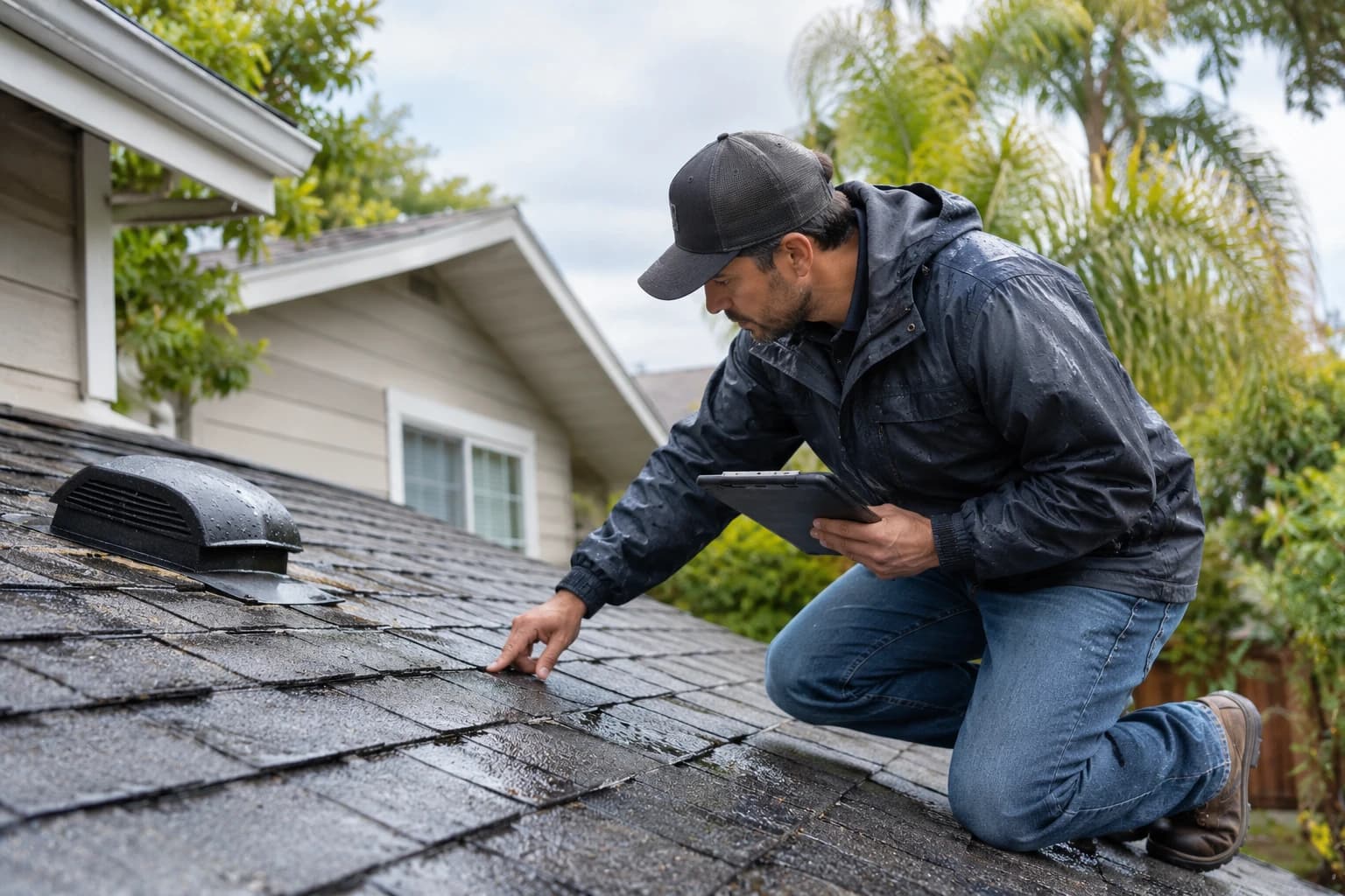 A roofer in a rain jacket and cap kneeling on a wet shingle roof and checking the shingles beside a roof vent, holding a tablet