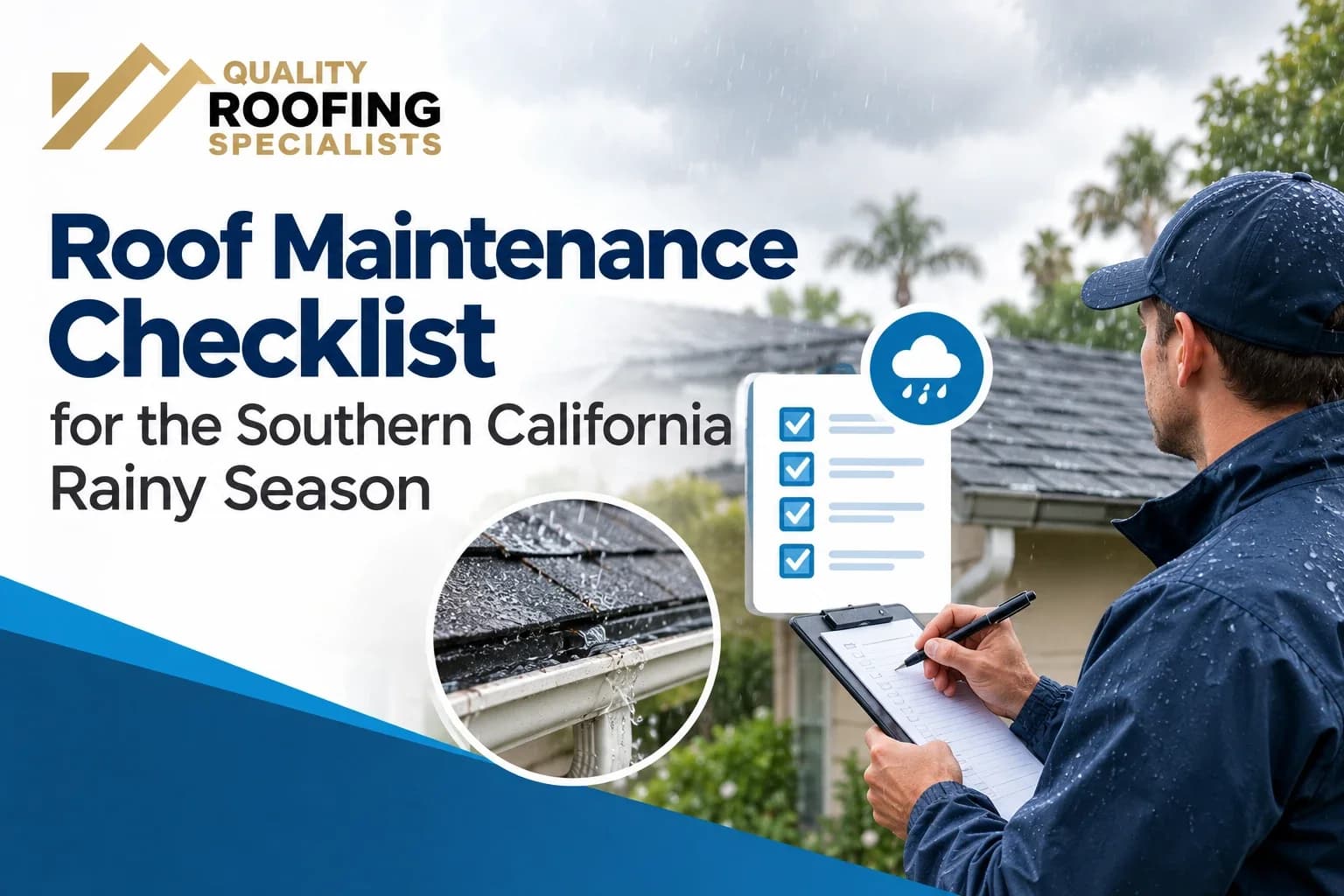 A roofer in a rain jacket writing on a clipboard in front of a rain-soaked roof and gutter, under the title Roof Maintenance Checklist for the Southern California Rainy Season