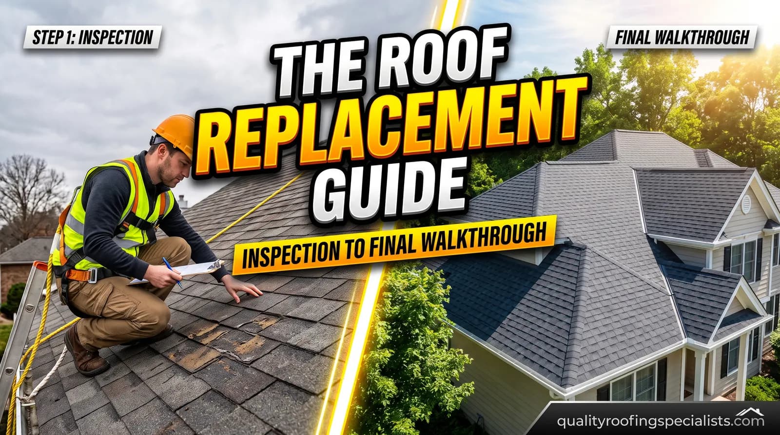 The Roof Replacement Guide, inspection to final walkthrough: a roofer inspecting worn shingles beside a house with a new shingle roof