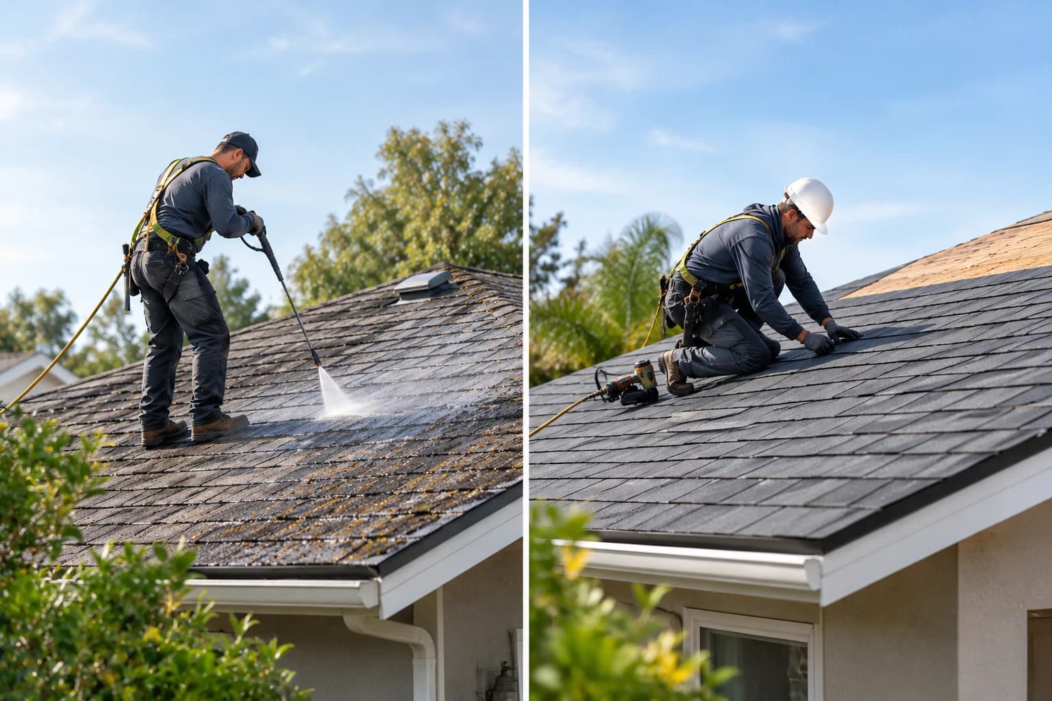 Two roofers side by side: on the left one cleaning an older shingle roof with a pressure washer, on the right one kneeling to install new dark shingles with a nail gun