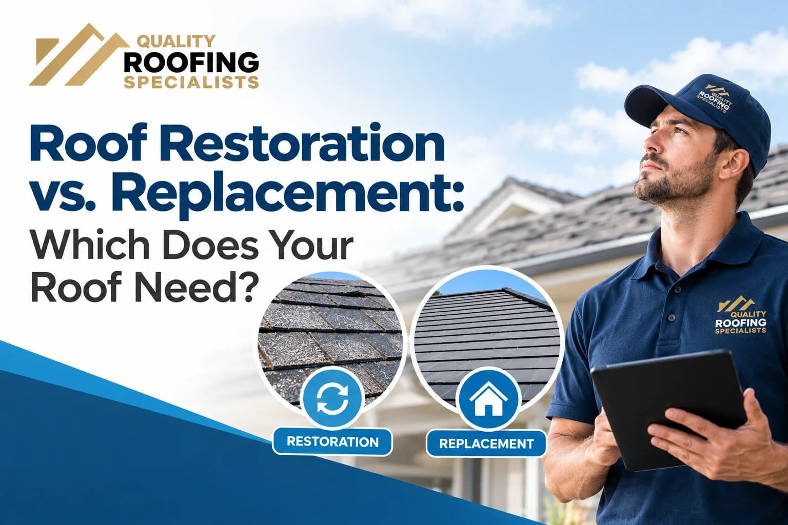 A roofer holding a tablet in front of a home, with close-ups labeled Restoration and Replacement, under the title Roof Restoration vs. Replacement: Which Does Your Roof Need?