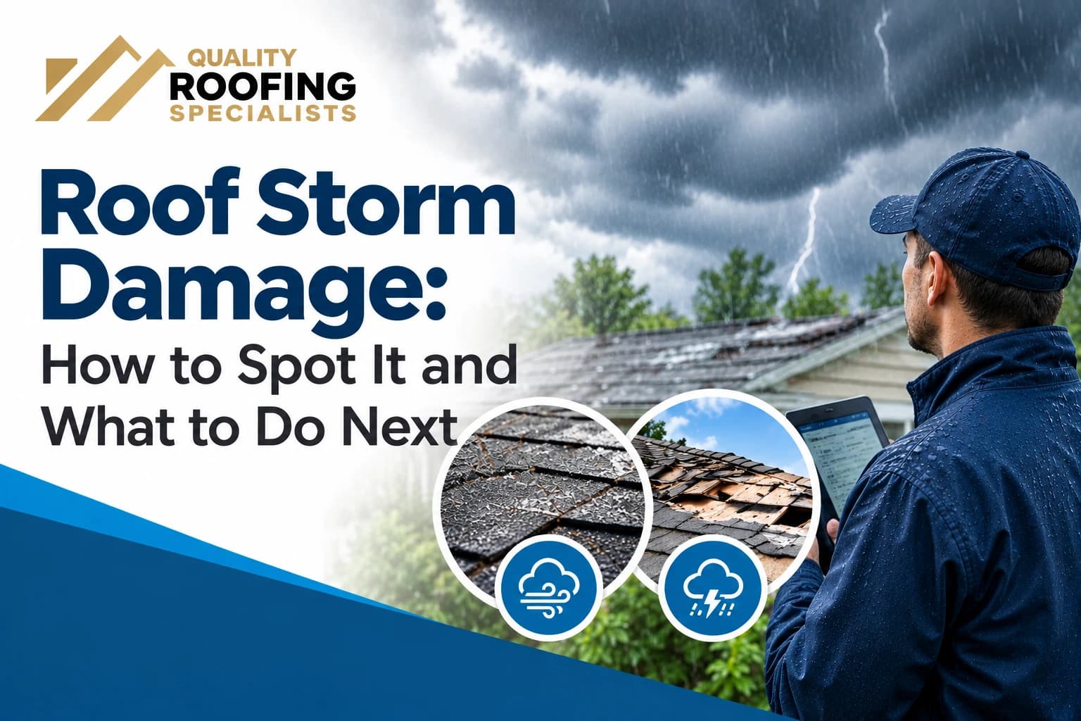 A roofer in a rain jacket checking a tablet while looking at a storm-damaged roof under dark storm clouds, with close-ups of hail-damaged shingles and exposed roof decking, under the title Roof Storm Damage: How to Spot It and What to Do Next