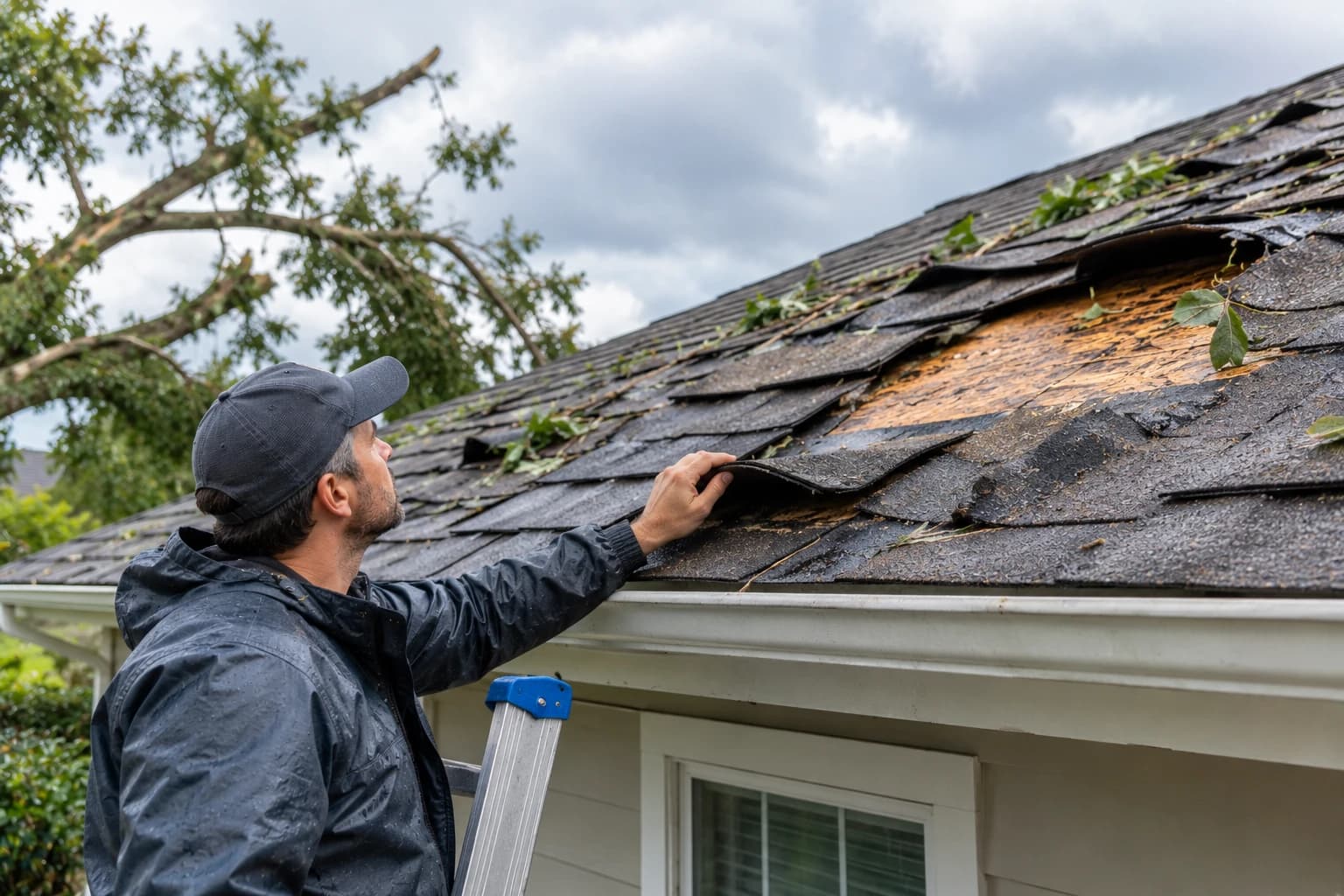 A roofer in a rain jacket on a ladder lifting storm-damaged shingles to show the exposed roof deck, with broken branches and leaves scattered across the roof