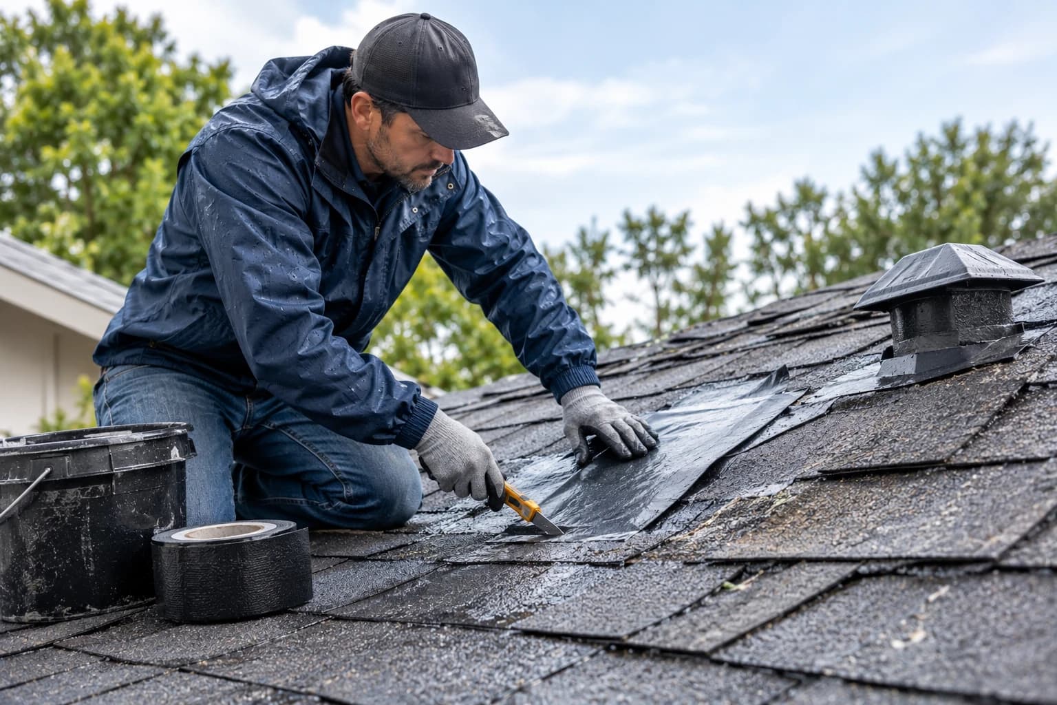 A roofer in a rain jacket and cap kneeling on a wet shingle roof and cutting a sheet of waterproof patch material, with a bucket of sealant and a roll of tape beside him and a vent behind