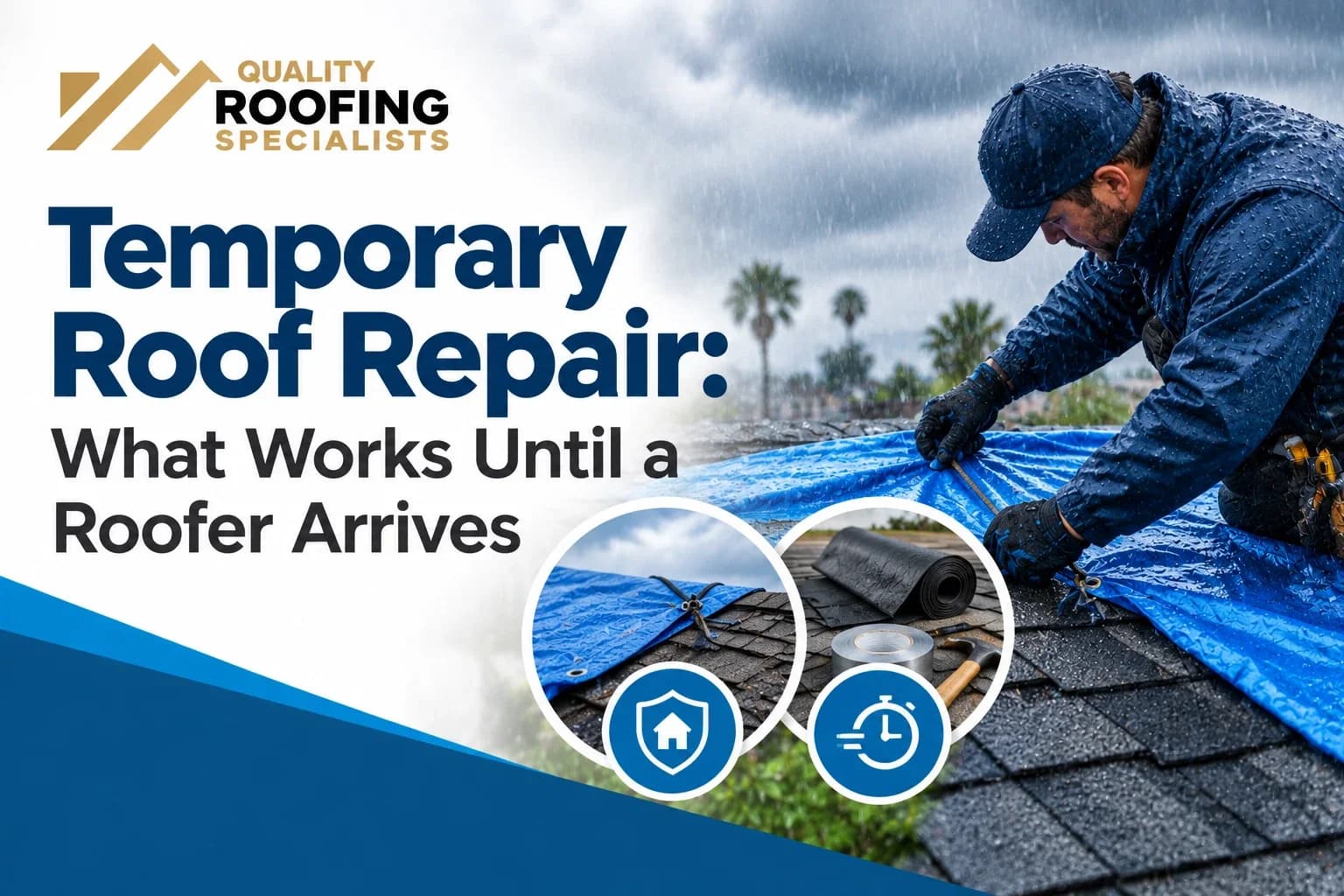A roofer in a rain jacket securing a blue tarp over a shingle roof in the rain, with close-ups of the tarp and of roofing tape and a hammer, under the title Temporary Roof Repair: What Works Until a Roofer Arrives