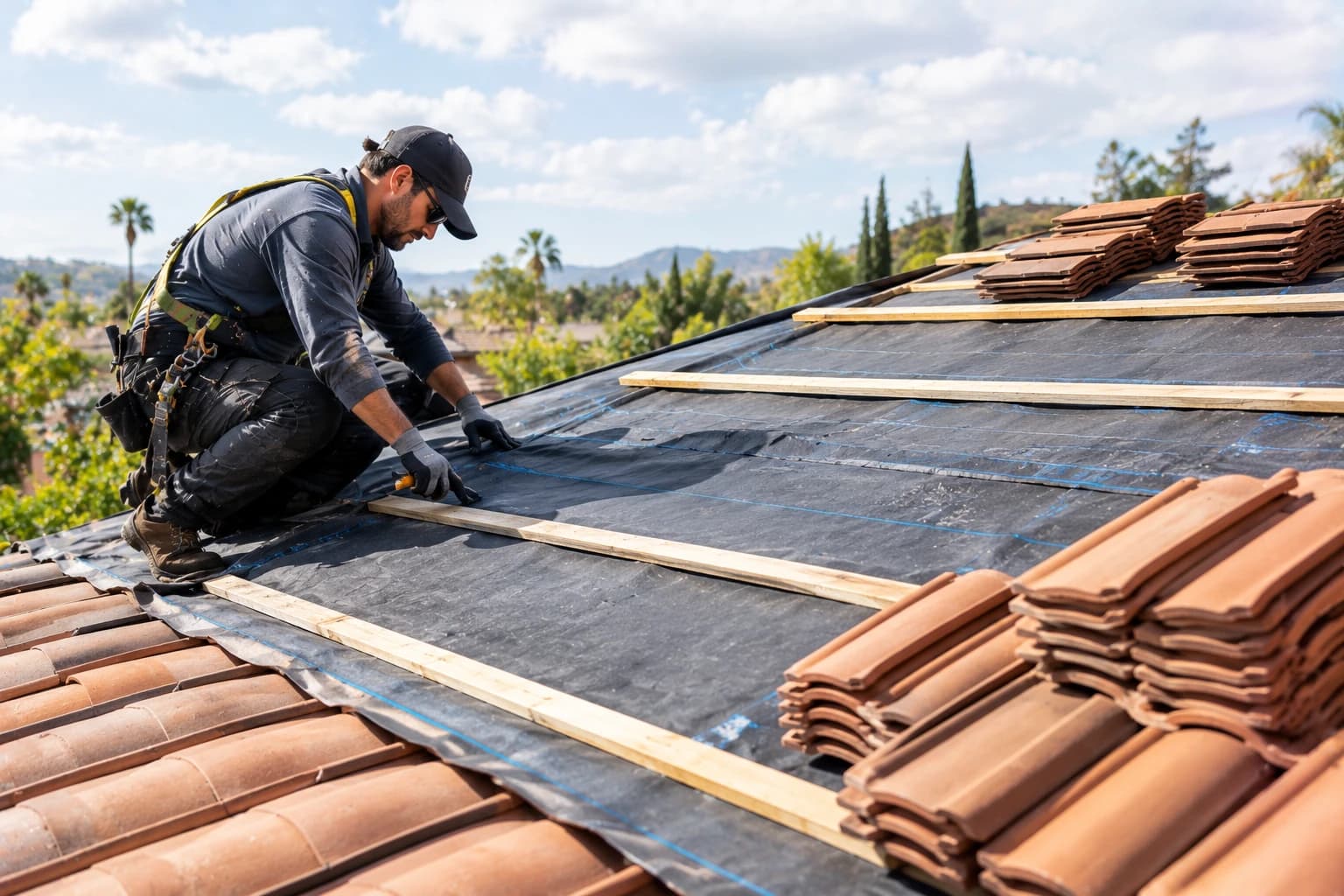 A roofer in a cap and safety harness kneeling on a clay tile roof that has been stripped to new underlayment with wooden battens, with stacks of clay tiles ready to be set back