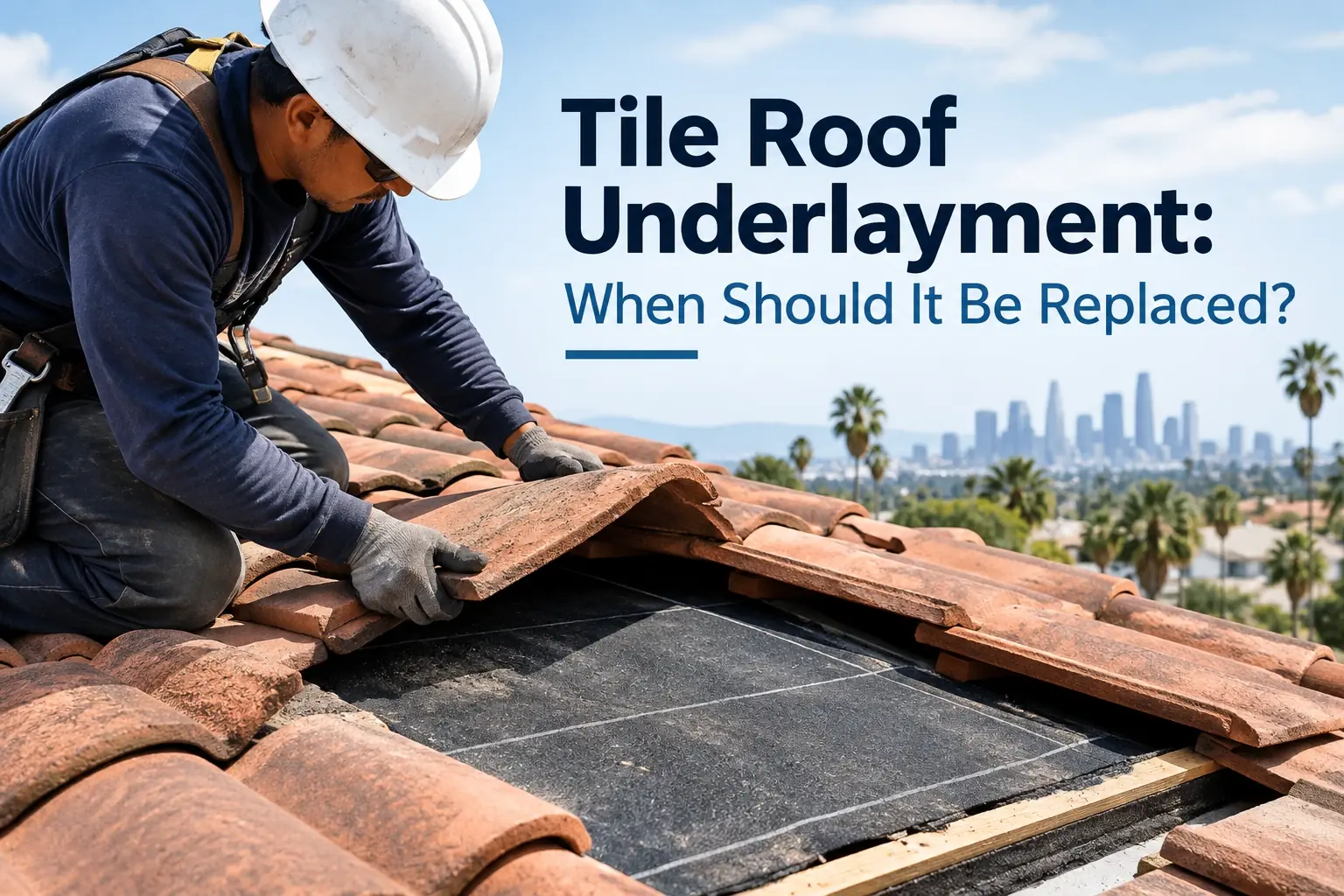 Roofer lifting clay tiles to expose the underlayment on a tile roof, with the downtown Los Angeles skyline in the distance
