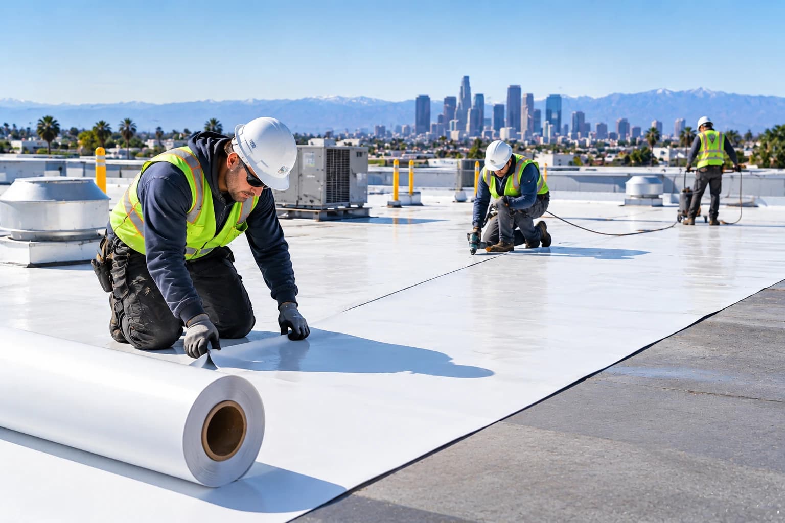 Roofers in hard hats and safety vests rolling out a white single-ply membrane across a large flat commercial roof, with rooftop equipment and the downtown Los Angeles skyline behind
