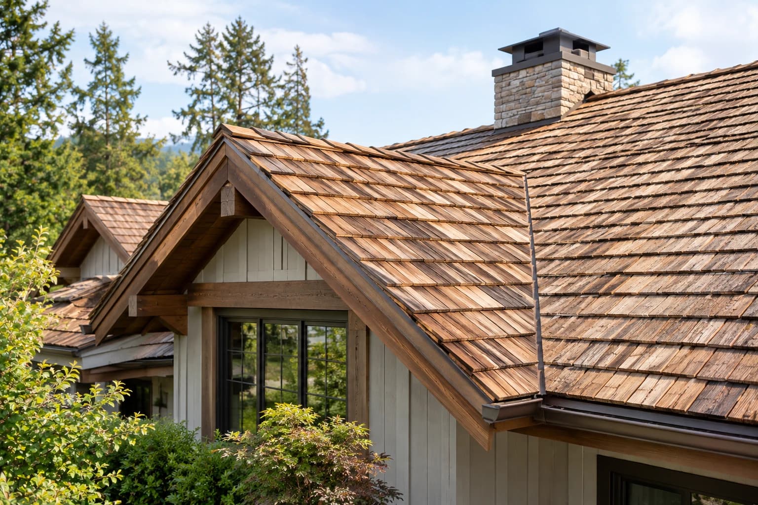 A wood shake roof on a home with gabled dormers and a stone chimney, in natural daylight with tall evergreen trees behind