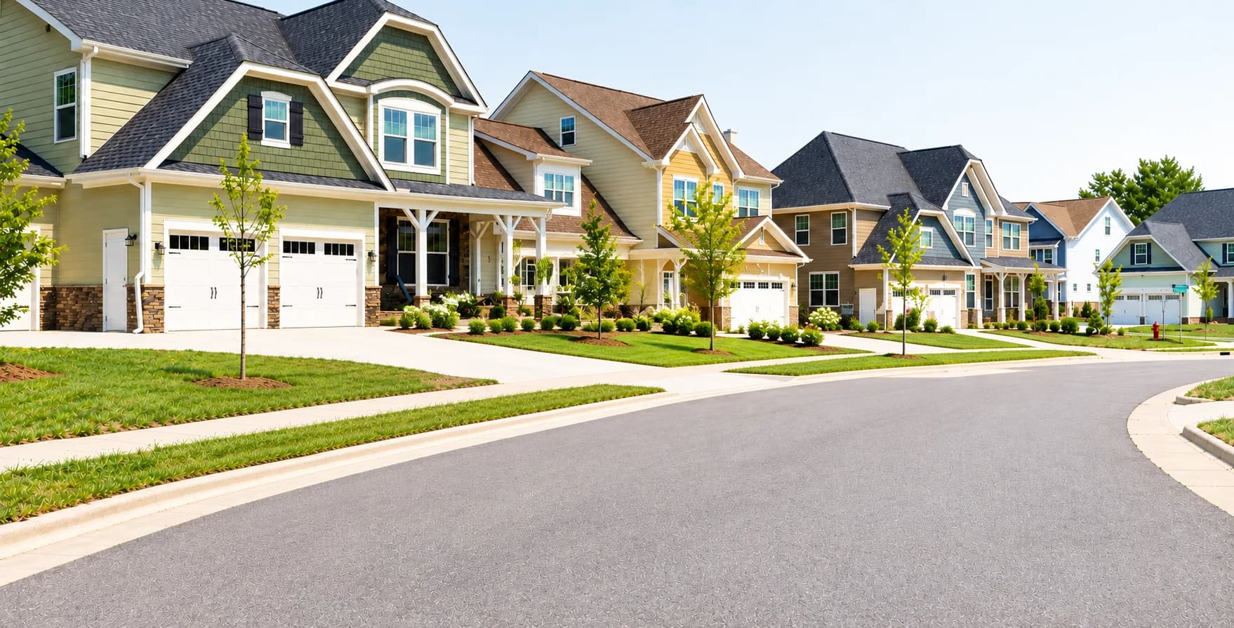 Row of homes with pitched roofs along a residential street