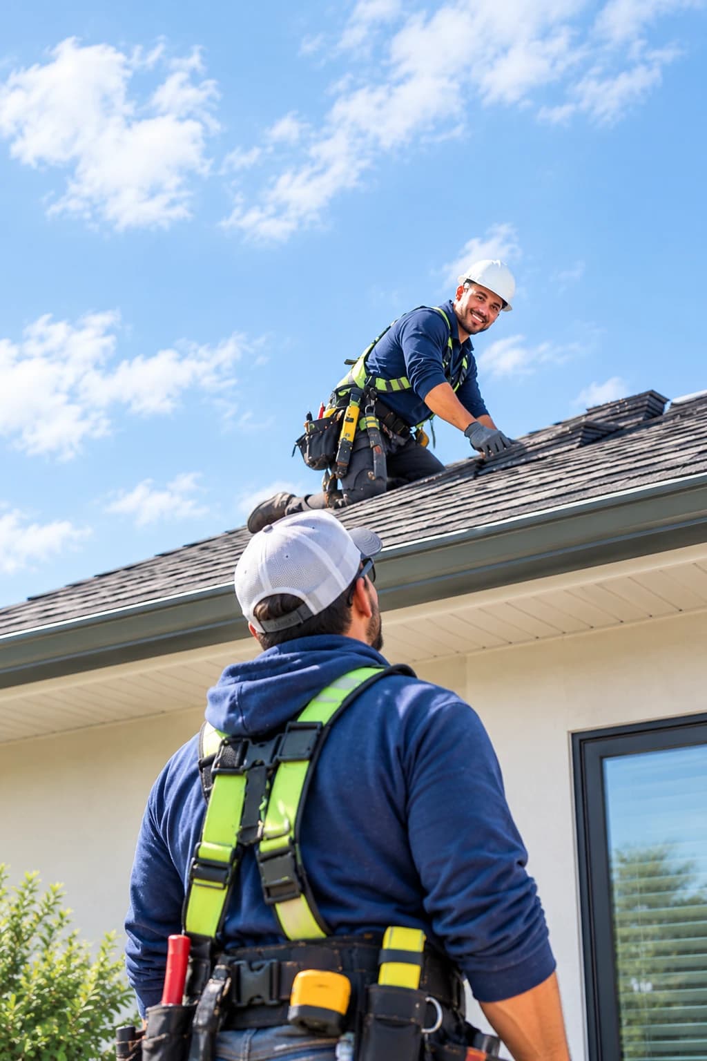 Two QRS roofers installing shingles together on a roof