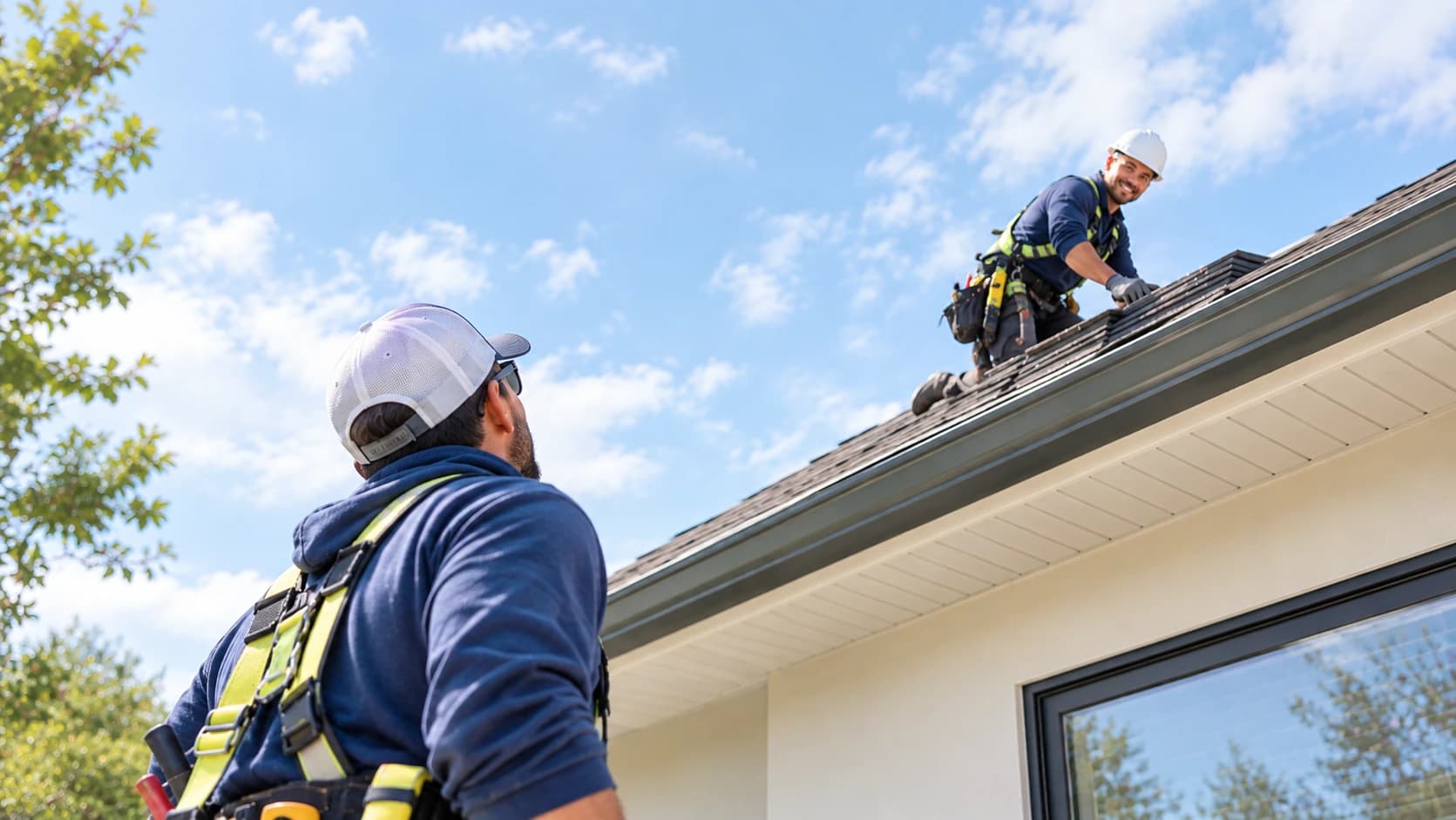 Two QRS roofers installing shingles together on a roof