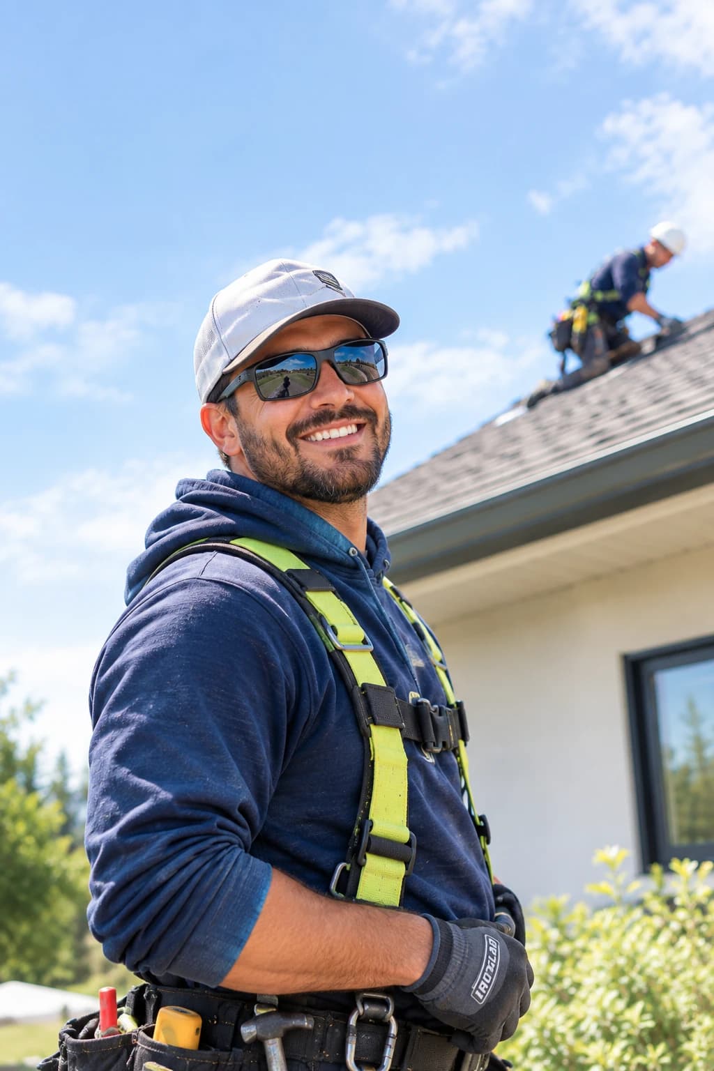 Smiling QRS roofer in gear with a crewmate working on the roof behind him