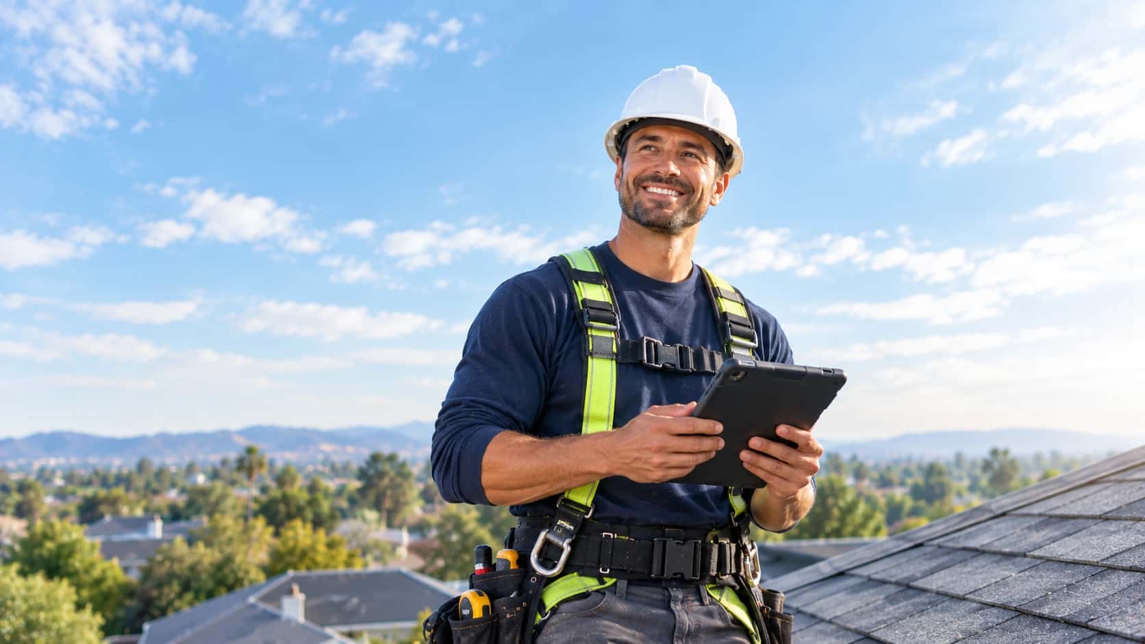 Roofer on a rooftop reviewing the inspection on a tablet