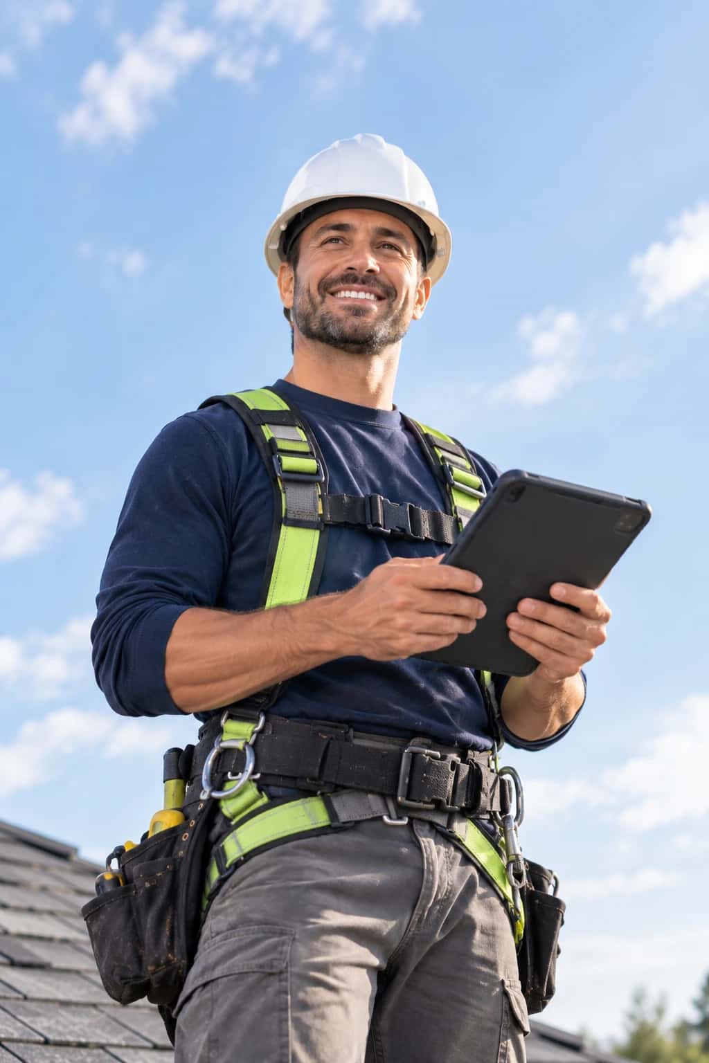 Roofer on a rooftop smiling while reviewing a scope on a tablet