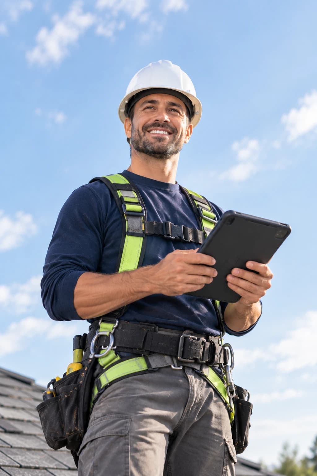 Roofer on a rooftop smiling while reviewing a scope on a tablet
