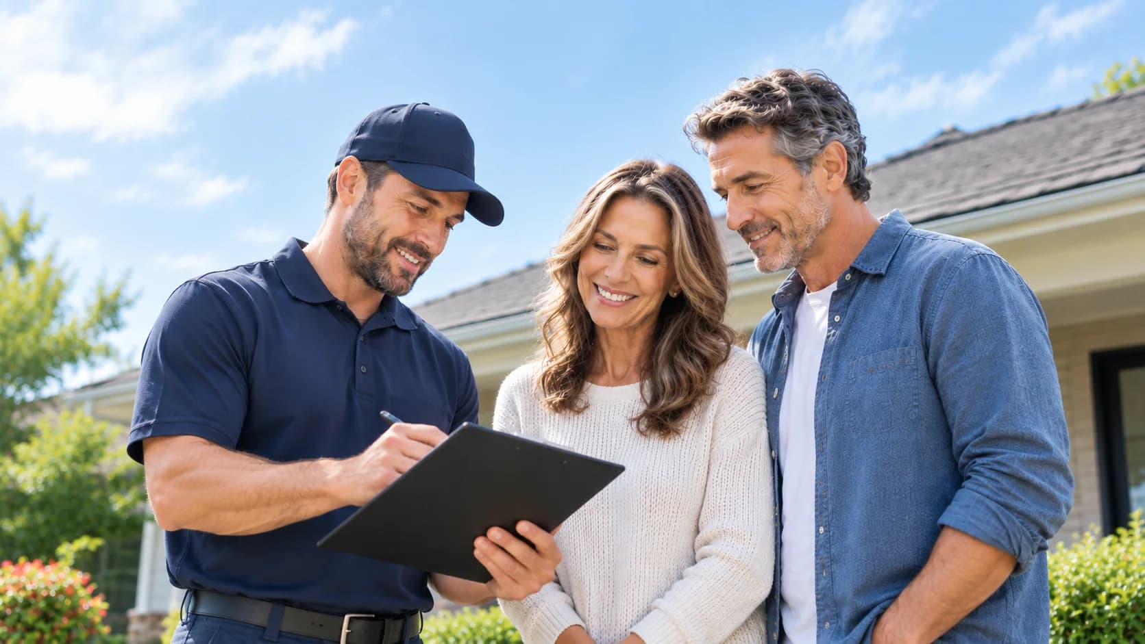 A roofer reviewing a project with homeowners