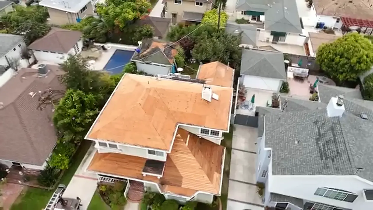 Drone view of a roof replacement by Quality Roofing Specialists