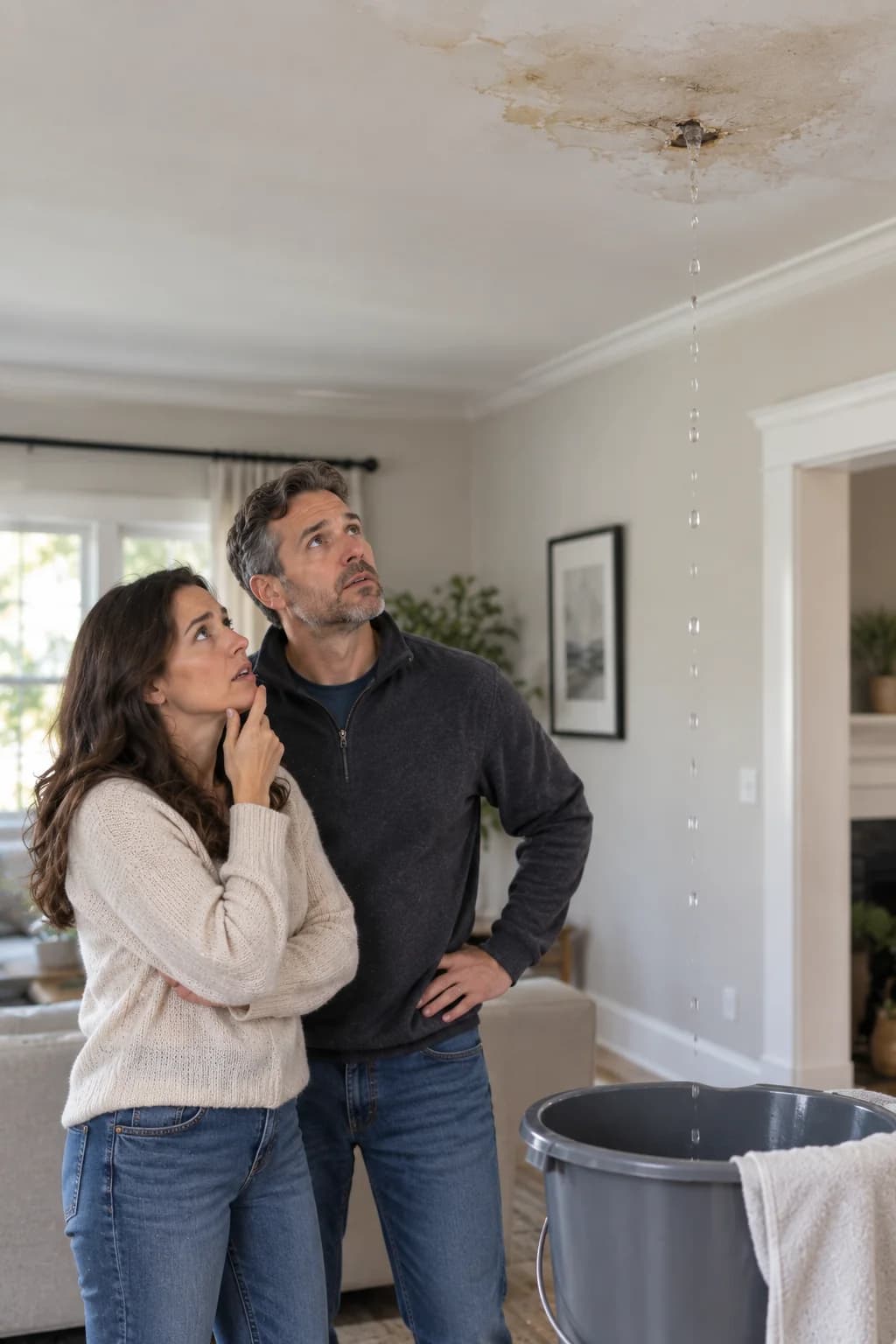 Homeowners looking up at a ceiling leak dripping into a bucket