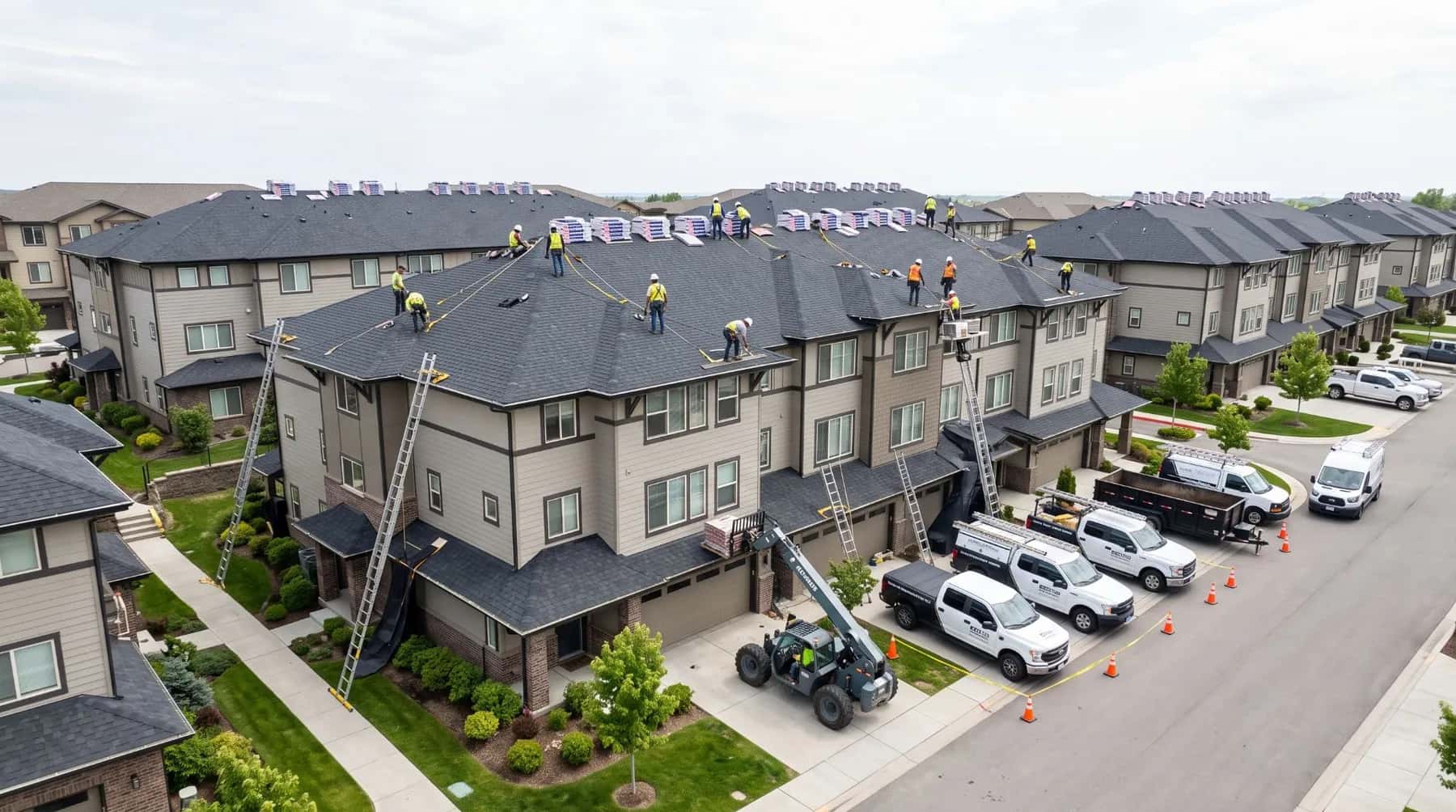 Roofing crew in harnesses installing new shingles on a row of townhomes, with ladders, a lift and the work trucks parked behind cones