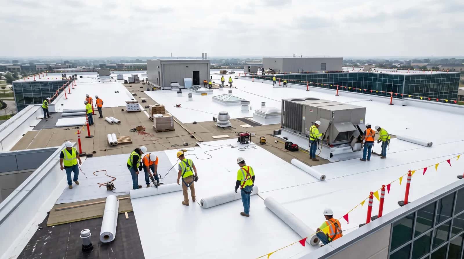 Crew installing a white membrane on a large commercial flat roof