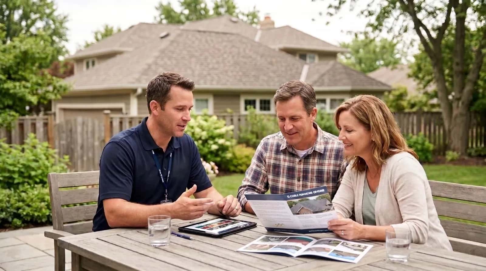 Roofer going over a roofing plan with two homeowners at their backyard table