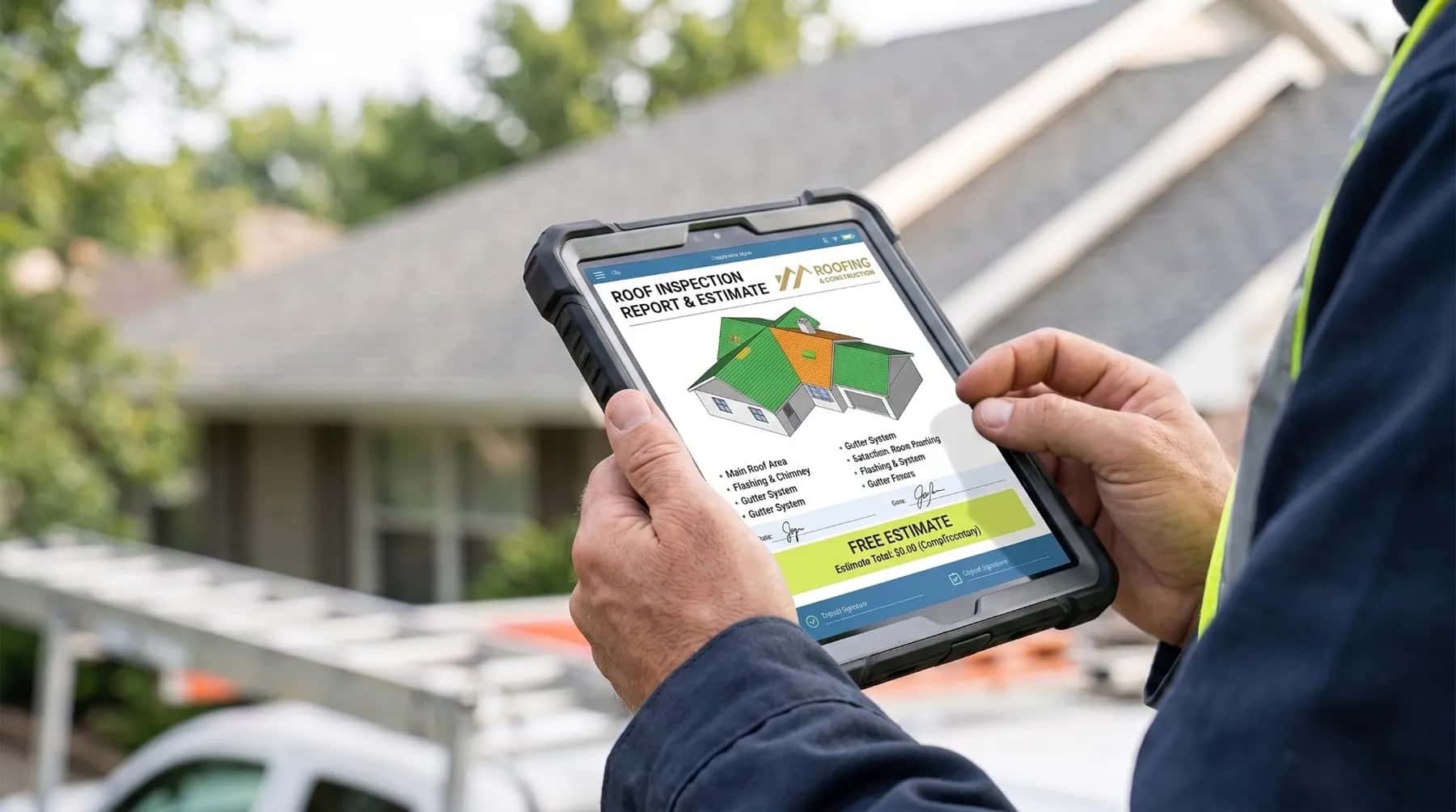 Roofer holding a tablet with a roof inspection report and estimate in front of a home