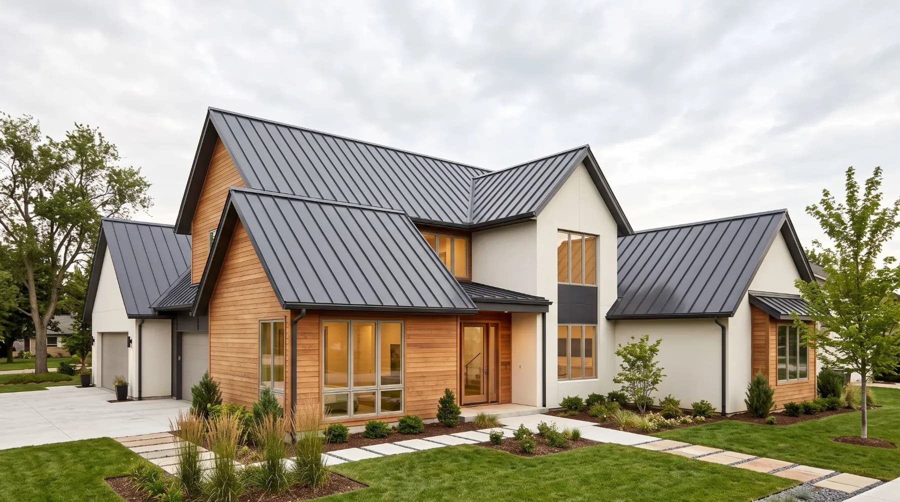 Modern two-story home with a dark gray standing seam metal roof over wood and stucco walls