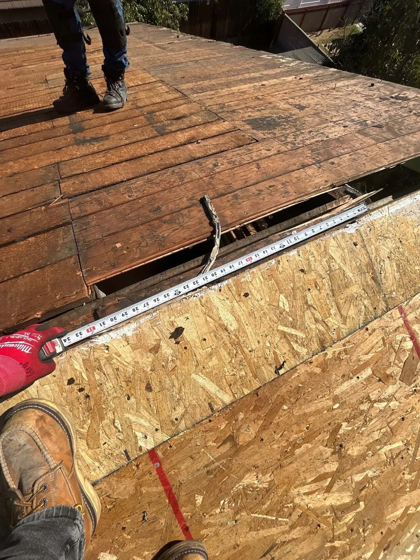A tape measure across the gaps in the old plank deck where the new sheathing meets it